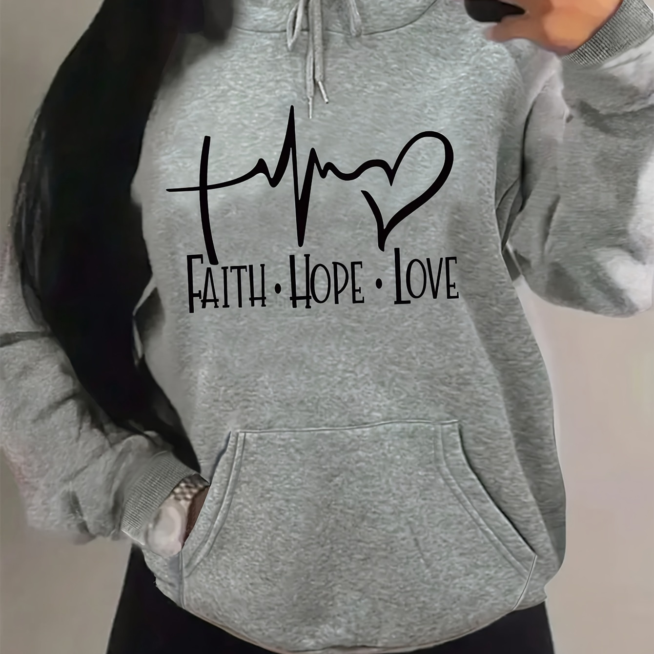 

Heart Print Drawstring Hoodie, Casual Long Sleeve Hooded Sweatshirt, Women's Clothing