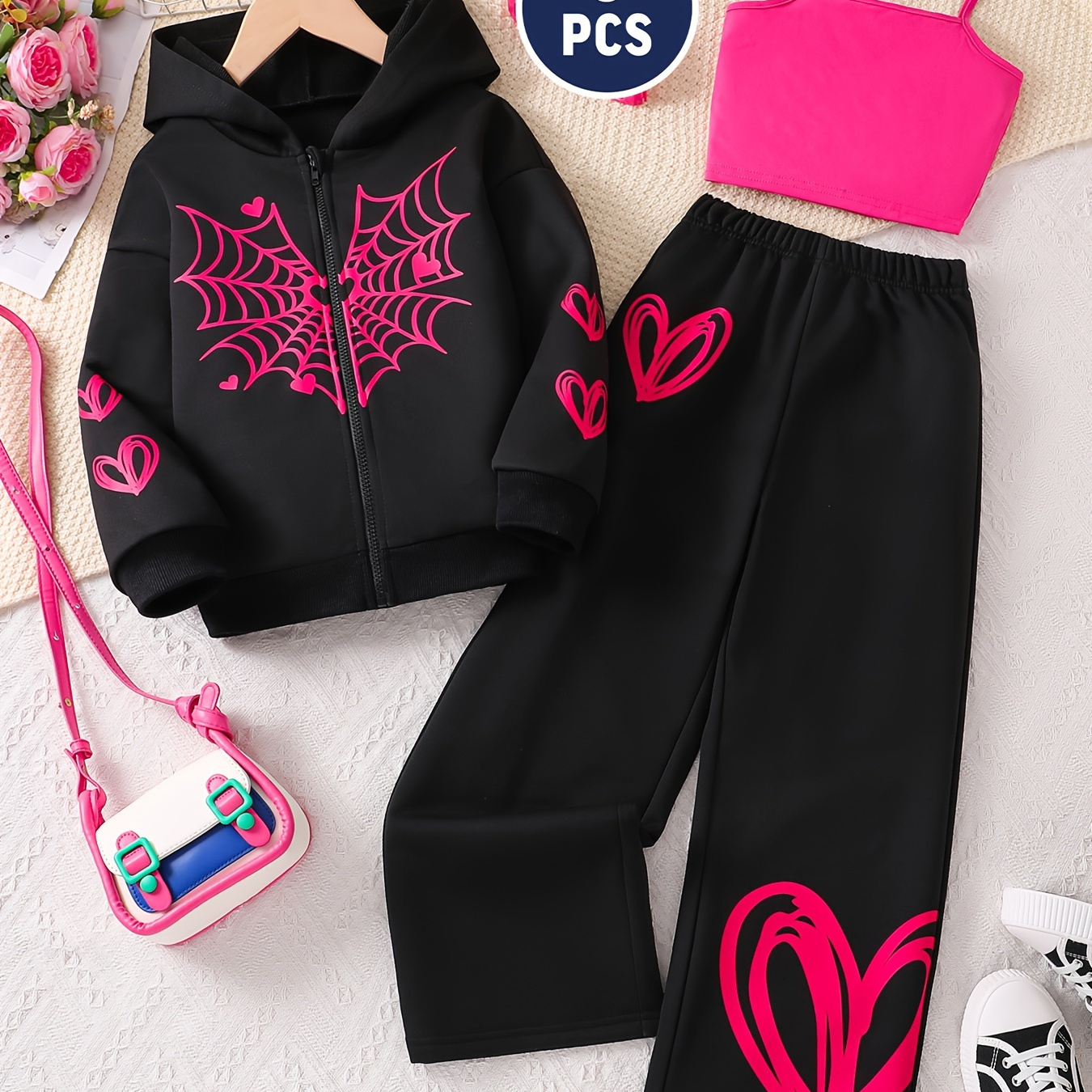 

Spring/autumn 3-piece Set For Girls, Long Sleeve Hoodie, Pants, And Vest, Heart Pattern, Casual And Comfortable Outfit For 12 Years Old And Below