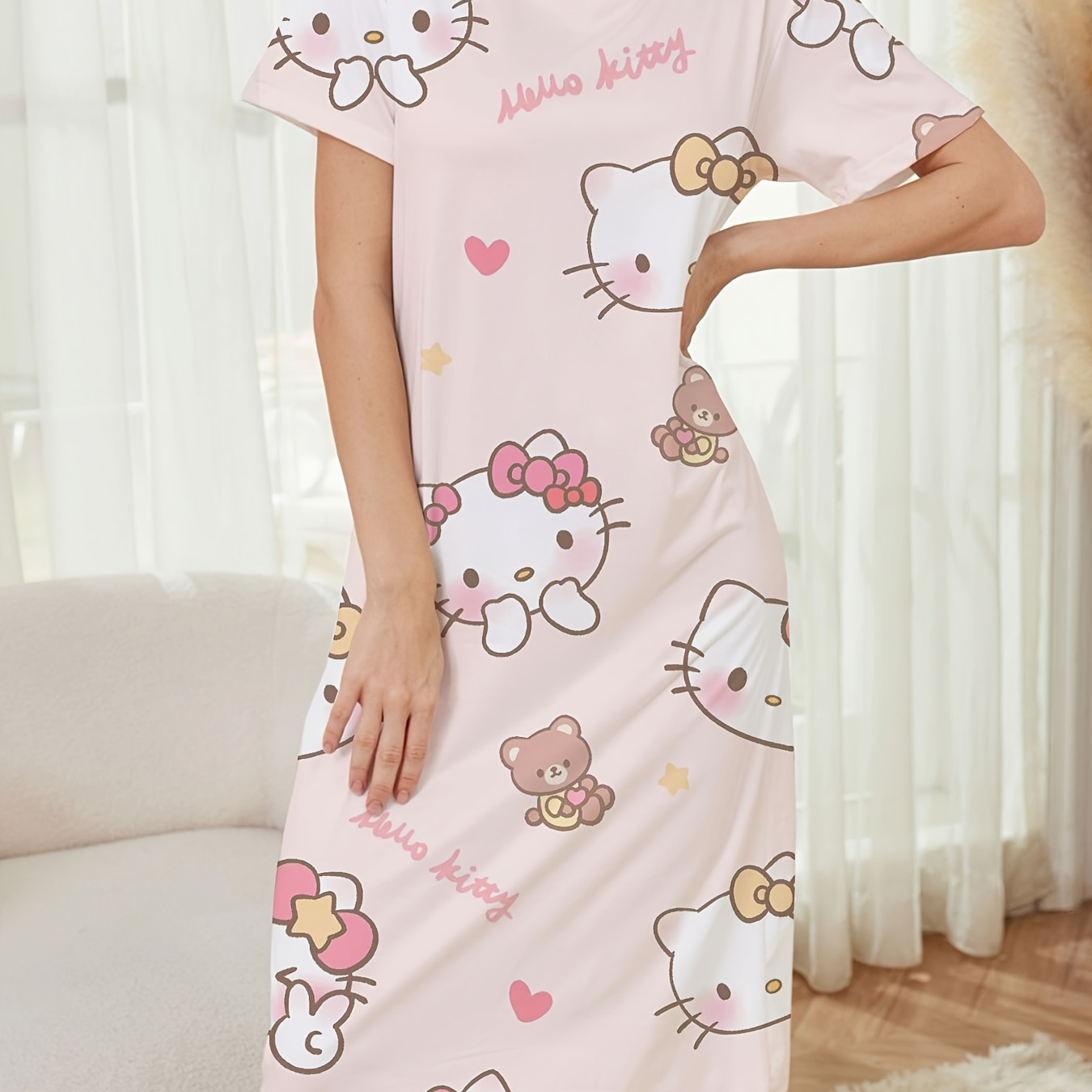 

Sanrio Hello Kitty Women's Nightgown - Casual Crew Neck Short Sleeve Sleep Dress, Cartoon Patterned Knit Fabric, Polyester 95% Elastane 5%, Spring/summer Nightwear