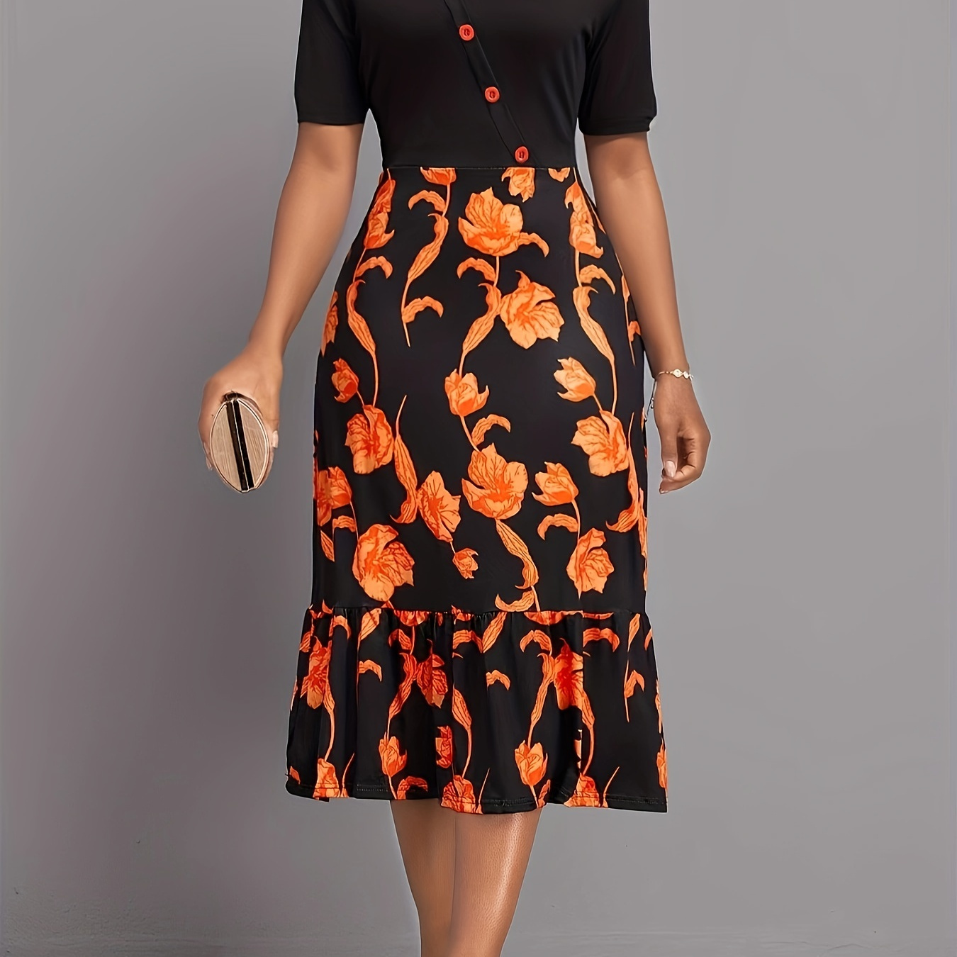 

Floral Print Asymmetrical Neck Dress, Elegant Short Sleeve Button Decor Ruffle Hem Dress, Women's Clothing