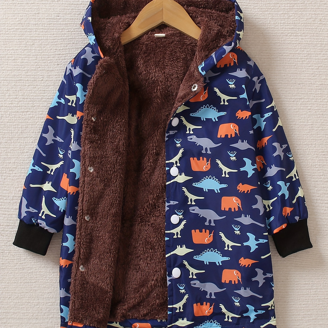 

Boys Fleece Cartoon Dinosaur Print Hooded Coat With Button Long Sleeve Hoodies For Autumn And Winter, Everyday