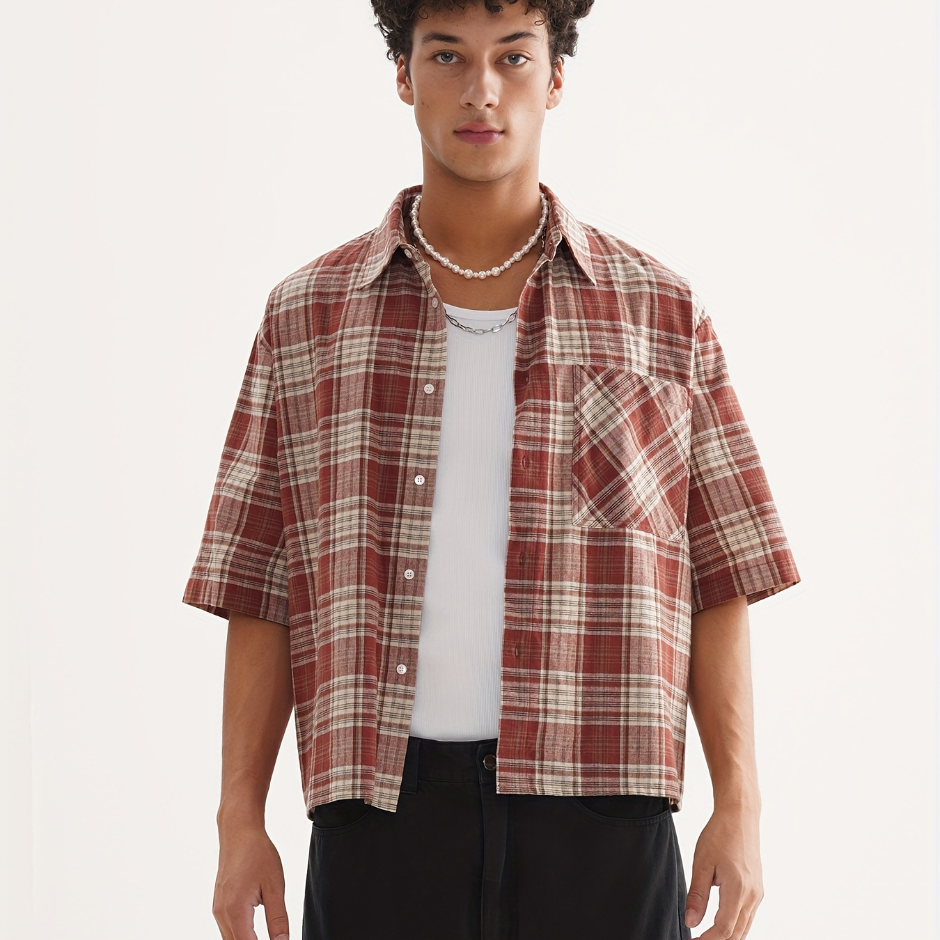 

100% Checkered Graphic Chest , Lapel For Summer