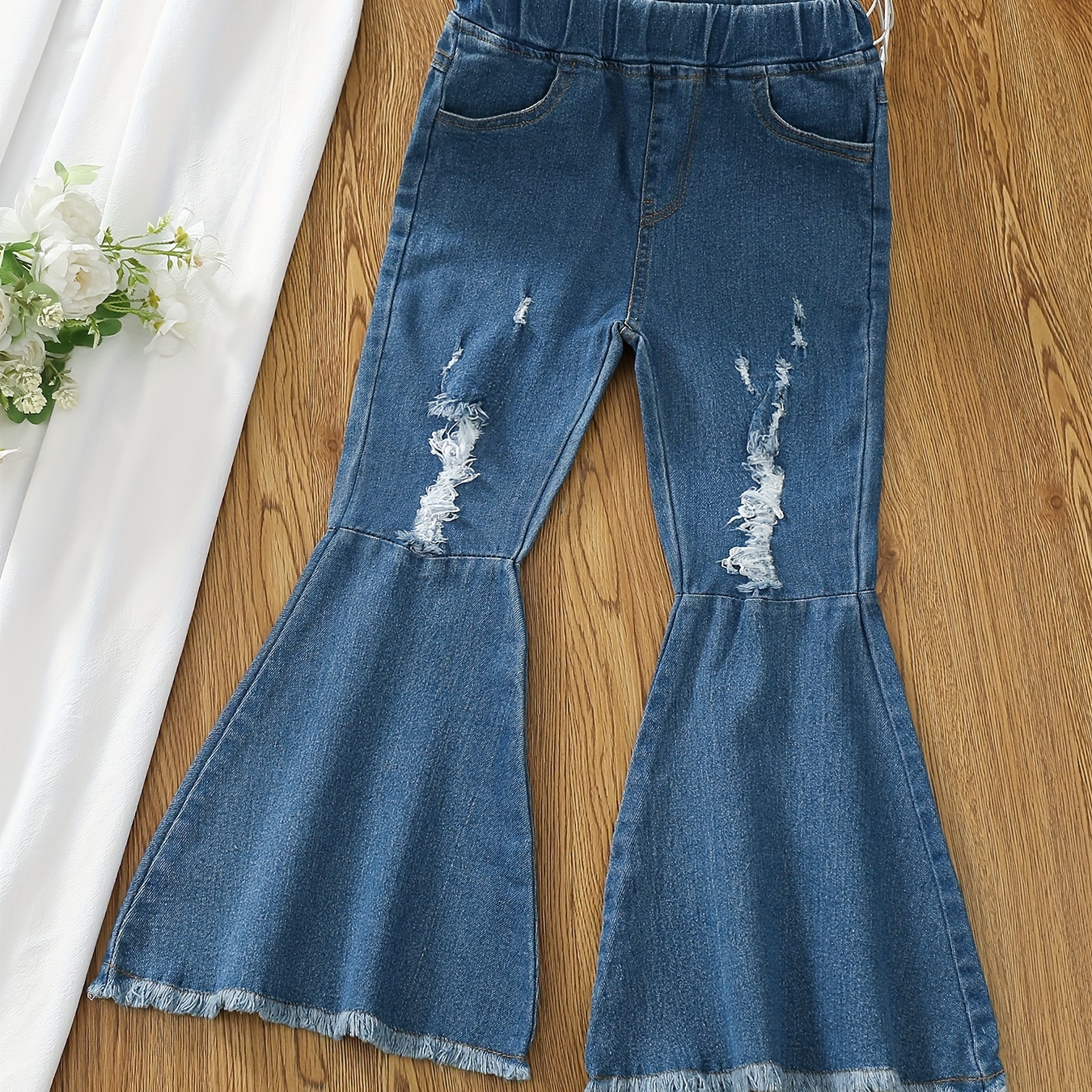 

Girls Hem Ripped Jeans Casual Pocket Elastic Waist Denim Flare Leg Pants Kids Spring Summer Clothes