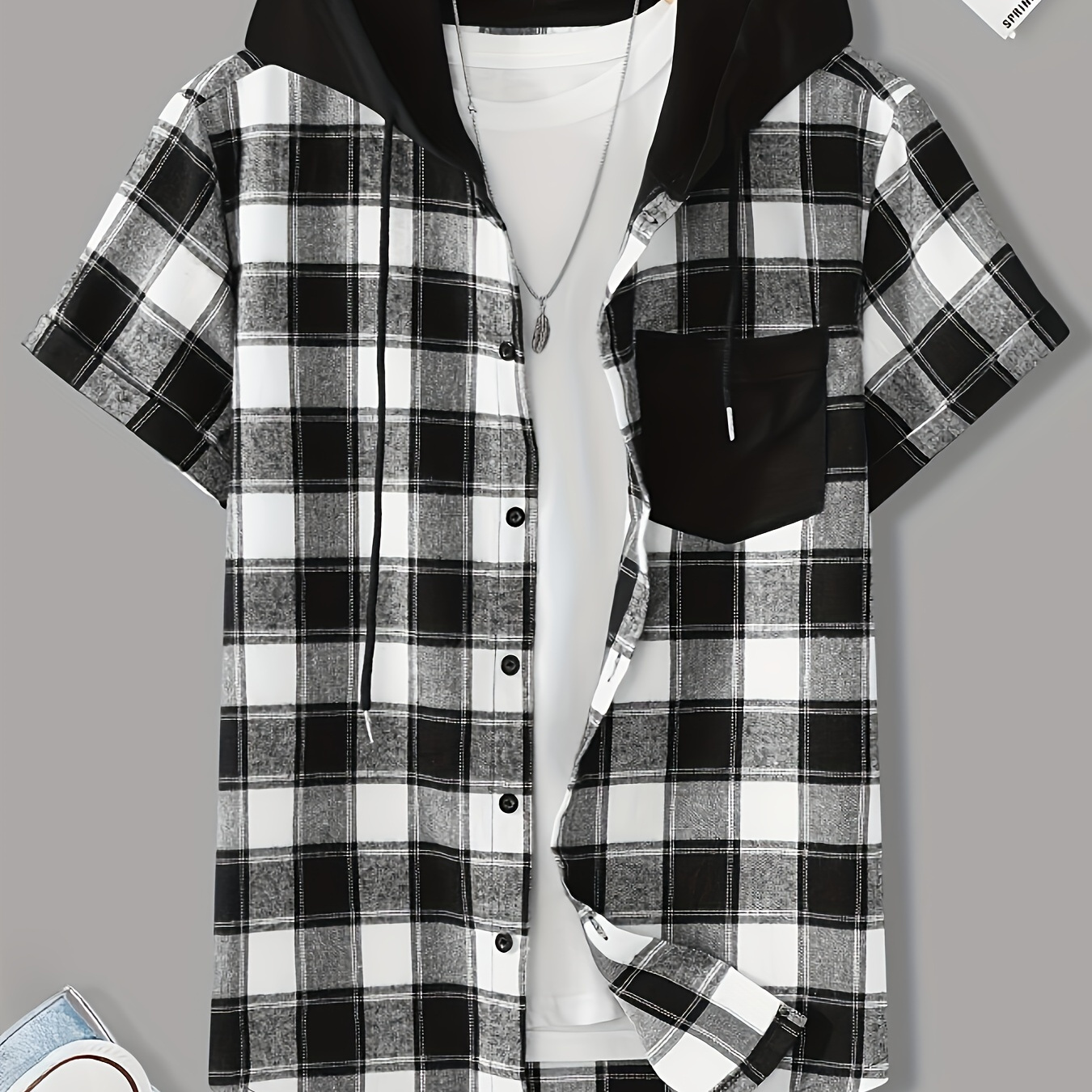 

Men's Casual Plaid Hooded Shirt, Short Sleeve Shirt With Plaid Pattern Print And Hoodie, Button-up Collar, Relaxed Fit, Street Style
