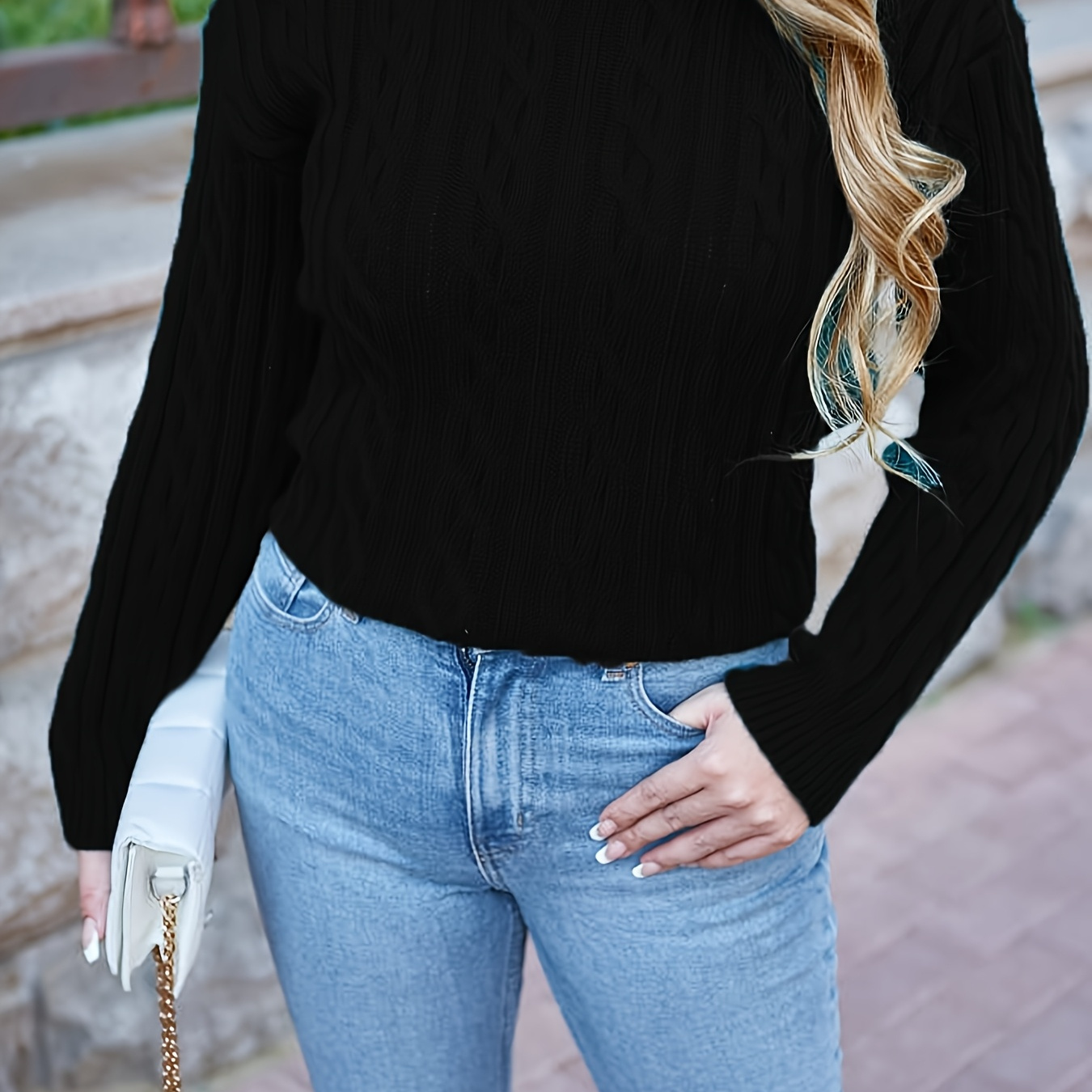 

French Knitted Shoulder Drop Sweater