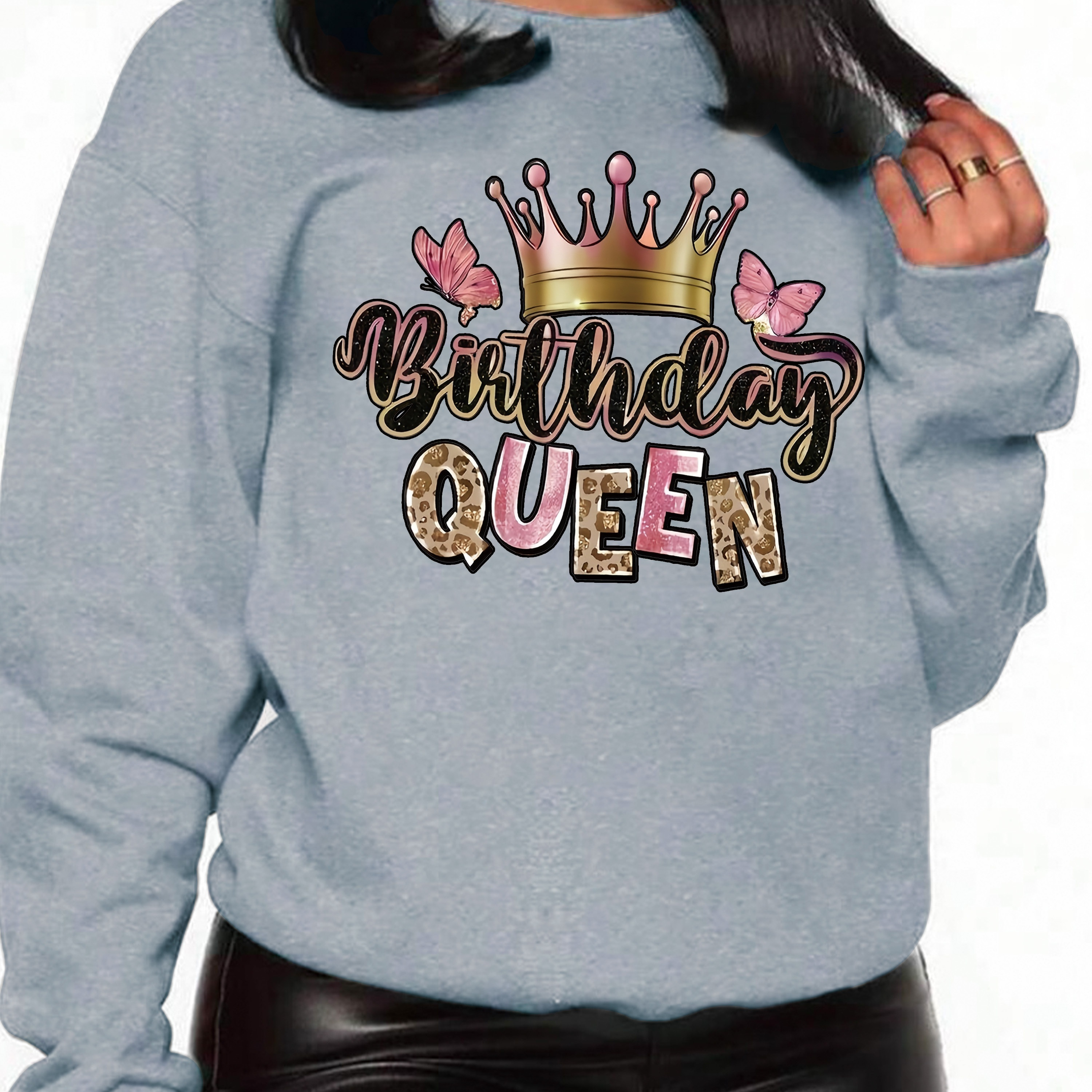 

Women's Casual Birthday Queen Graphic Sweatshirt - 100% Polyester Crew Neck Pullover With Geometric Butterfly