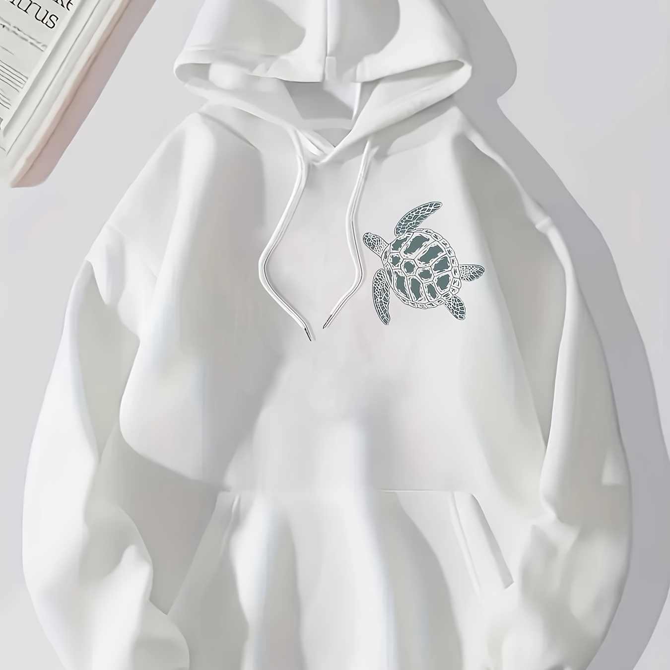 

Turtle & Letter Print Drawstring Hoodie, Casual Long Sleeve Hooded Sweatshirt With Kangaroo Pocket For Fall & Winter, Women's Clothing