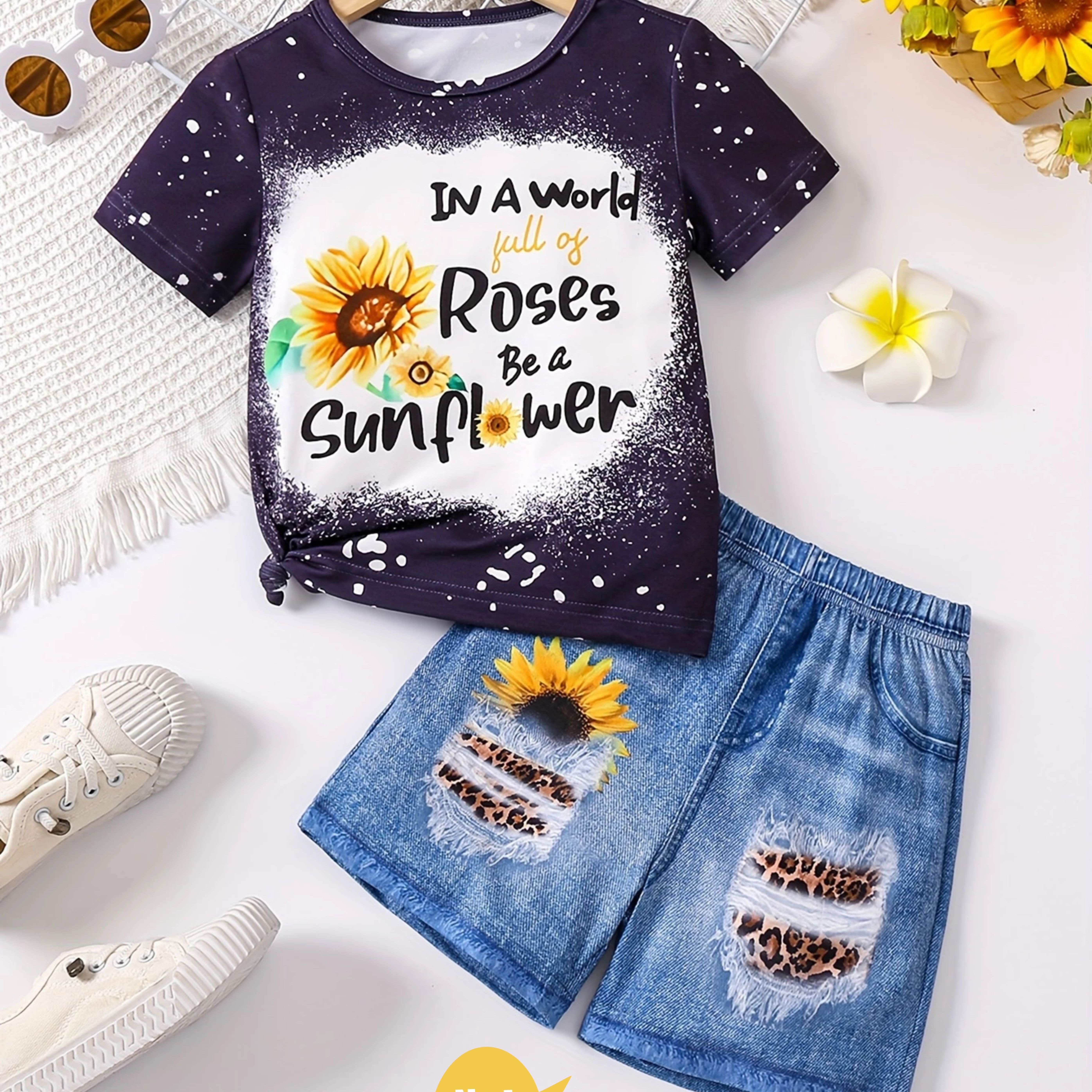 

Girl's Outfit Sunflower & Letter Print Short Sleeve Top + Graphic Legging Shorts Set Two-piece Daily Holiday Summer Clothes