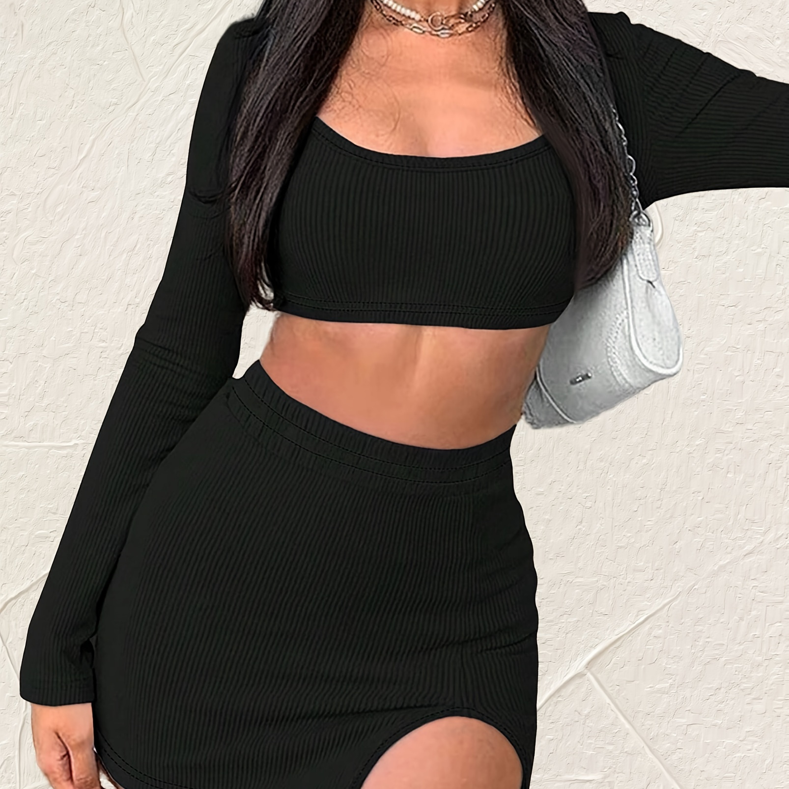 

Sexy Solid Color Slim Fit Crop Skirt Set, Long Sleeve T-shirt & Bodycon Slit Mini Skirt, Women's Clothing