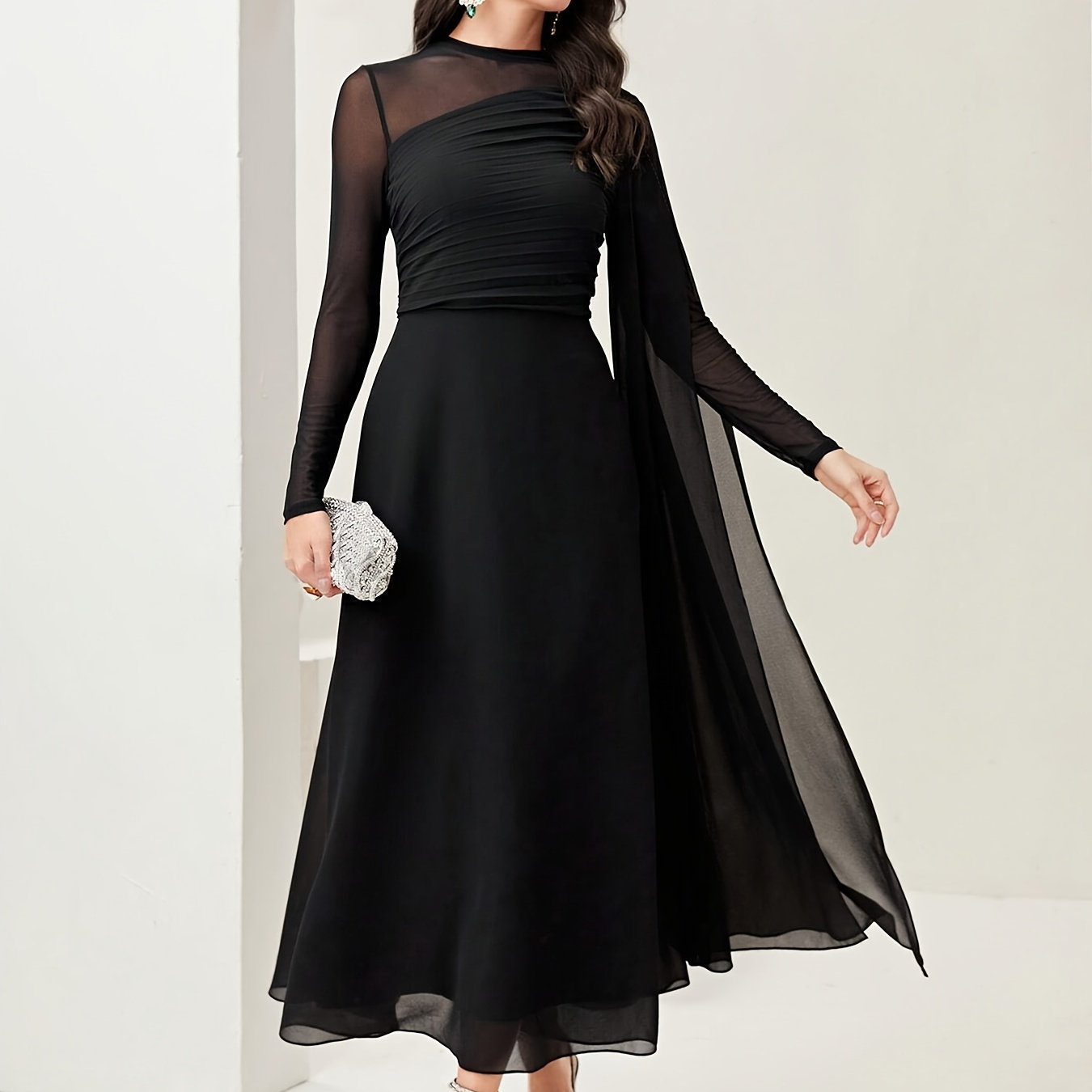 

Ruched Asymmetrical Crew Neck Swing Dress, Elegant Long Sleeve Dress For Party & Banquet, Women's Clothing