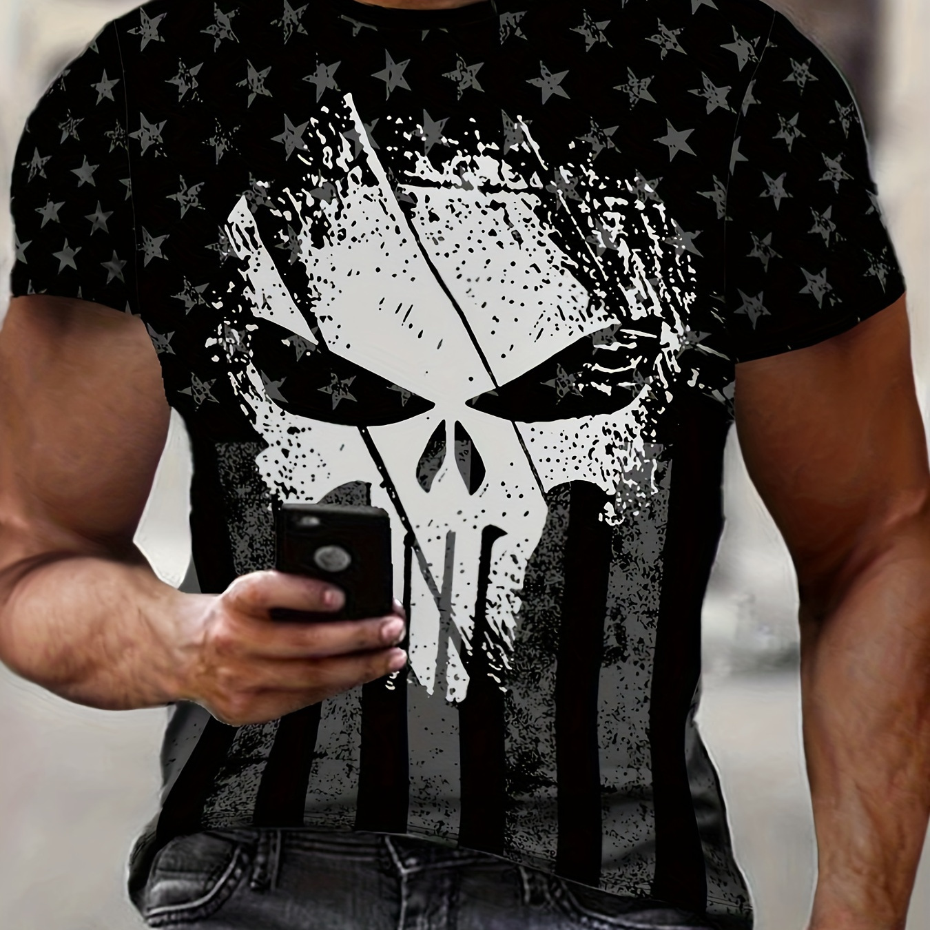 

Men's Skull Graphic Print T-shirt, Short Sleeve Crew Neck Tee, Men's Clothing For Outdoor
