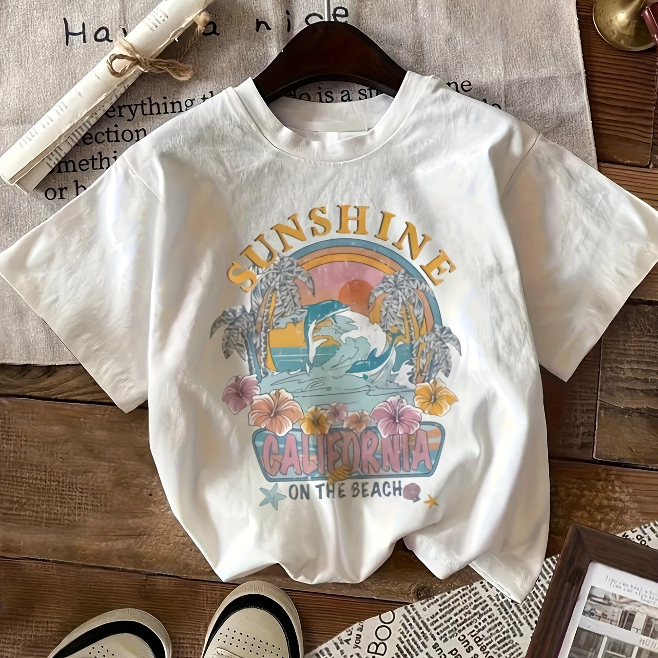 

Vacation Style Print T-shirt, Short Sleeve Crew Neck Casual Top For Summer & Spring, Women's Clothing