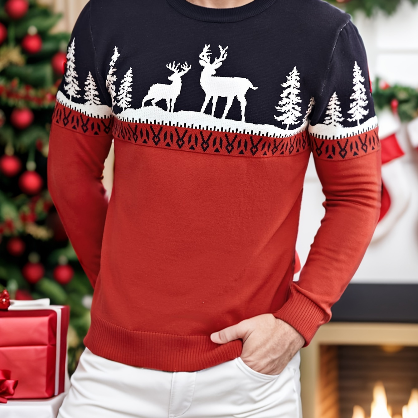 

Men's Christmas Reindeer & Crew Neck Sweater - Long Sleeve, 100% Polyester, Holiday Parties, Hand Or Only, Holiday Party Apparel|slim Fit Sweater| Texture, Christmas Garland