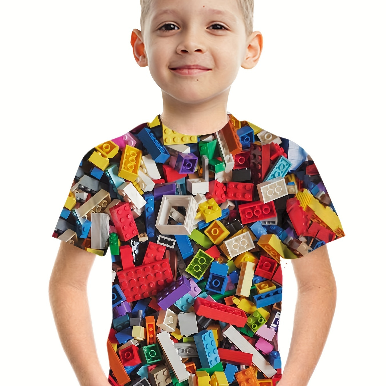 

Cool Rainbow Building Blocks 3d Print Boys Creative T-shirt, Casual Lightweight Comfy Short Sleeve Tee Tops, Kids Clothings For Summer