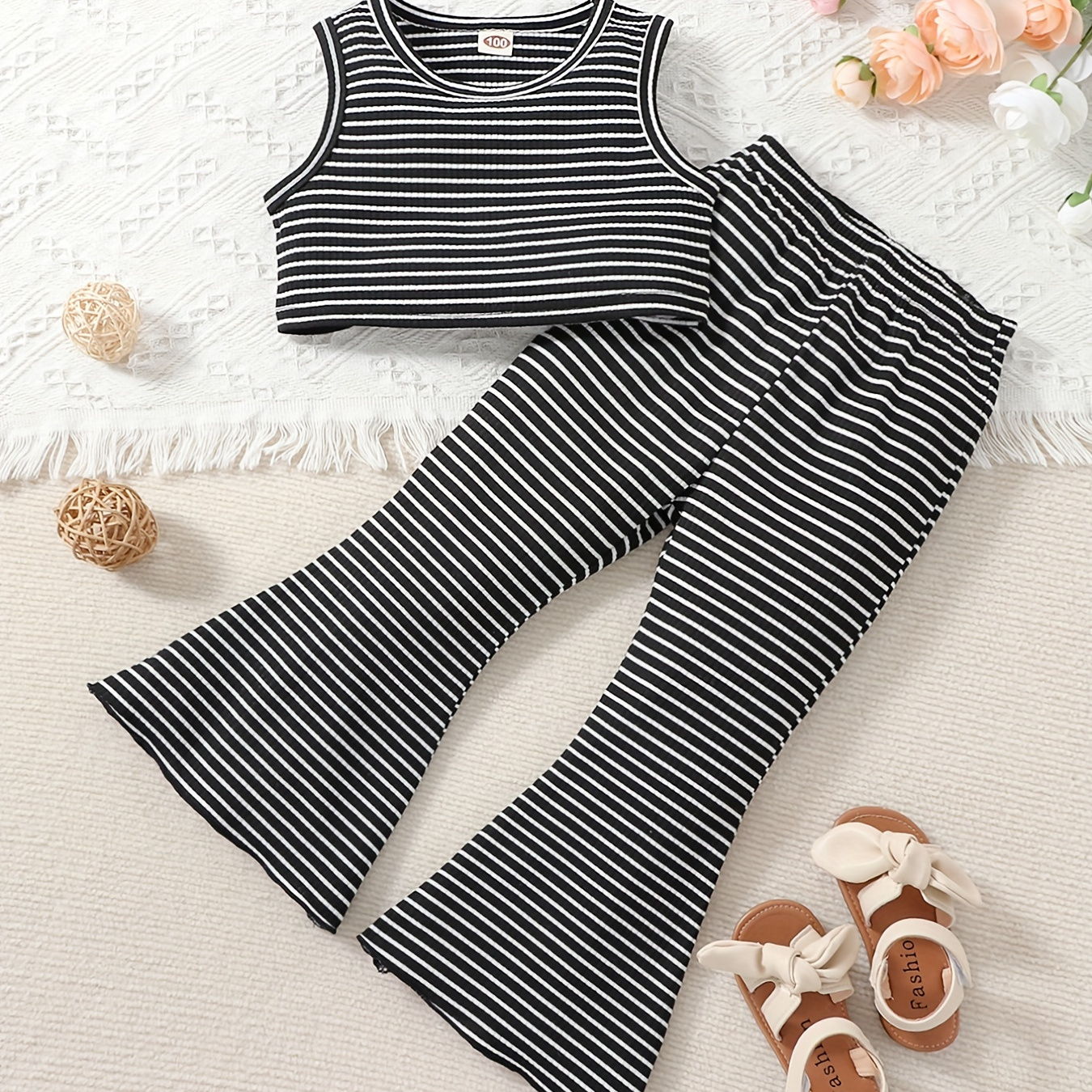 Toddler Girls Striped Ribbed Knit Tank Crop Tops & Flare Leg Pants