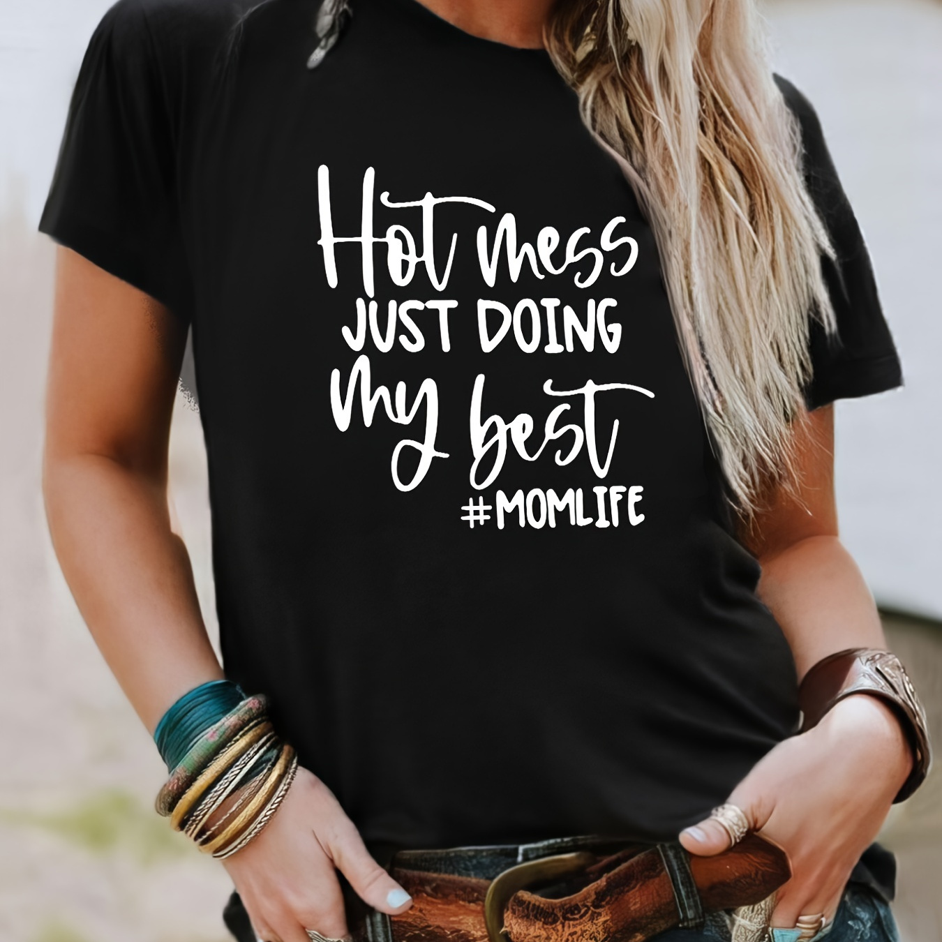 Hot Mess Print T-Shirt, Short Sleeve Crew Neck Casual Top For Spring &  Summer, Women's Clothing