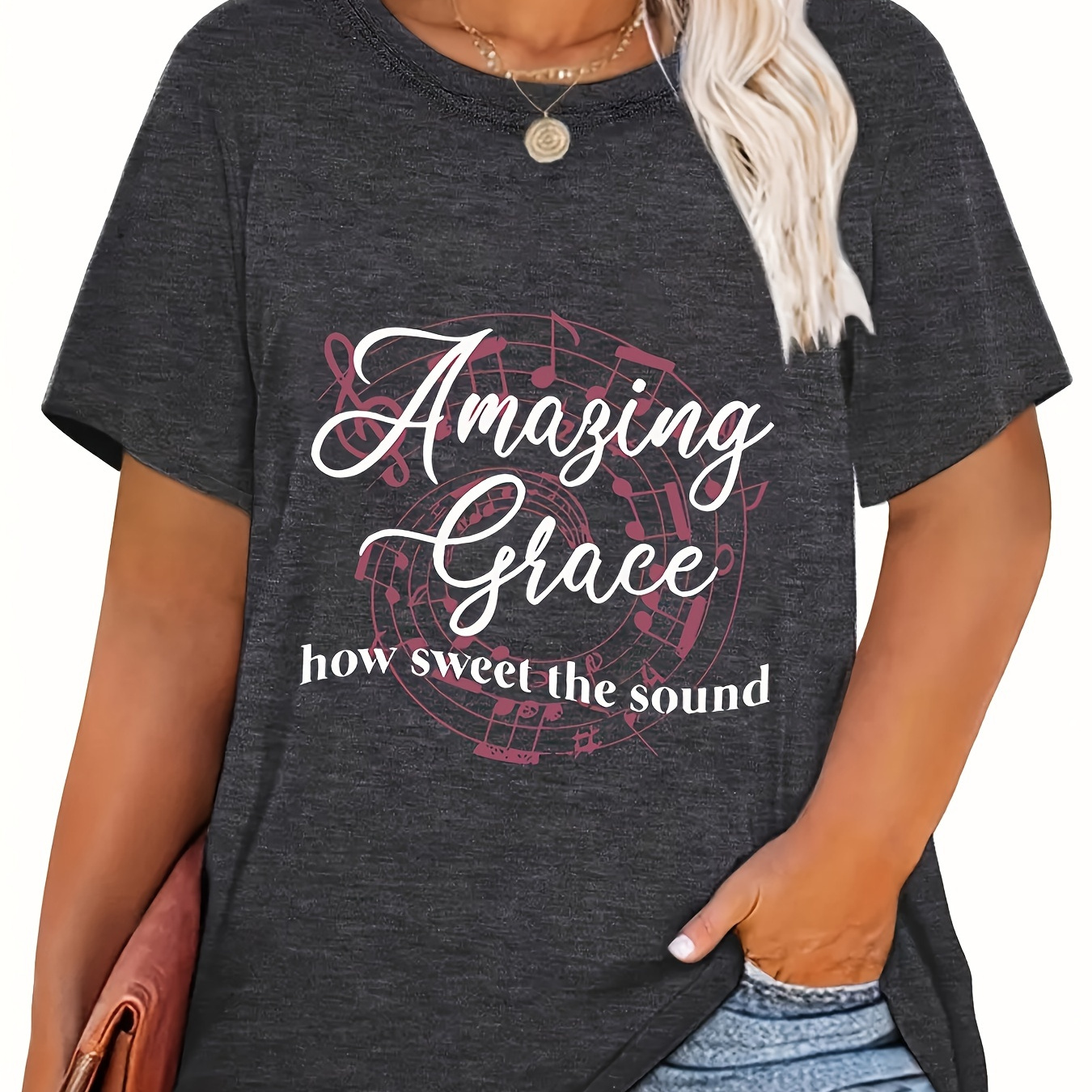 

Plus Size Casual Crew Neck T-shirt With "amazing Grace" Print - Cotton Blend Polyester Knit, Slight Stretch, Short Sleeve Tee For Women All Seasons