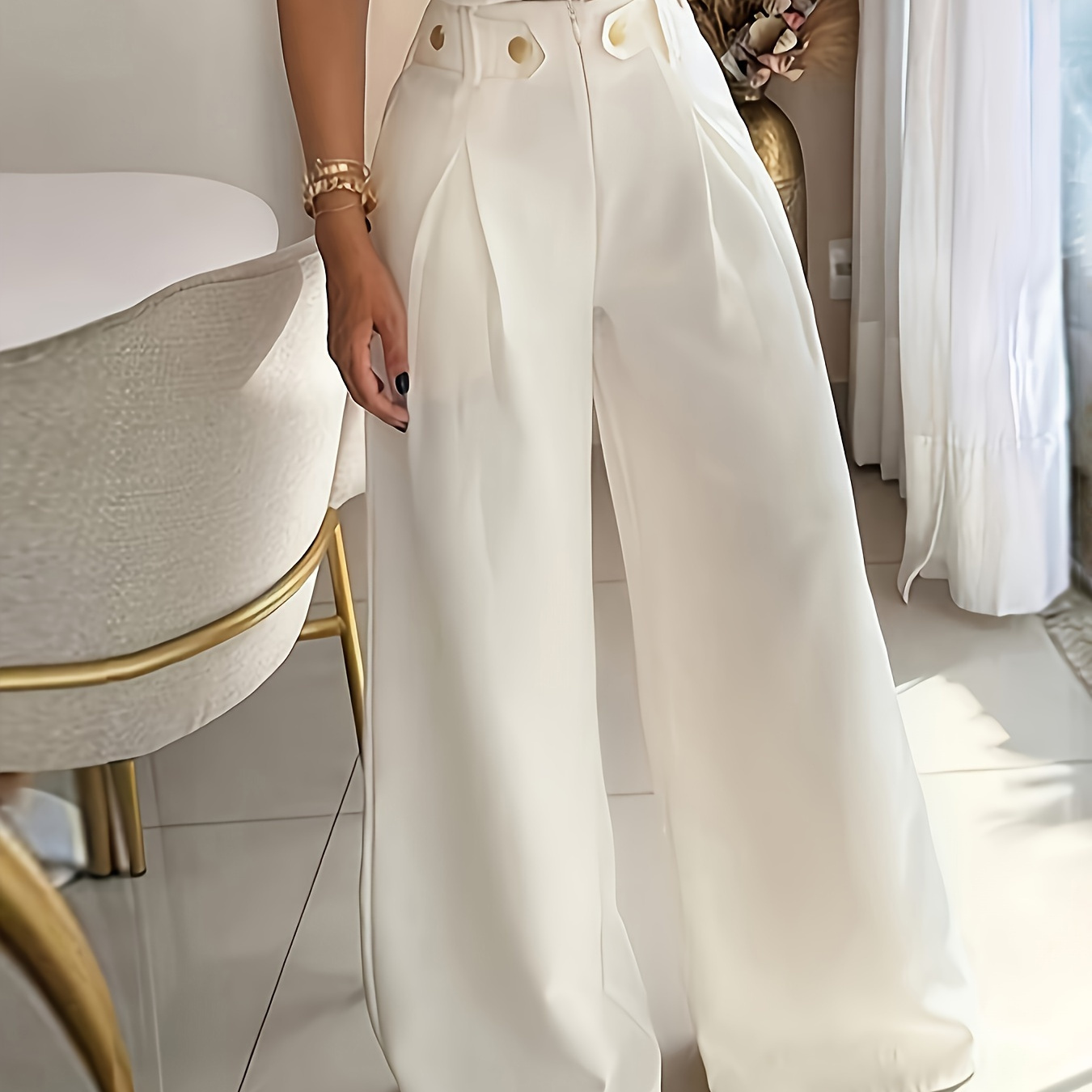 

Solid Color Wide Leg Pants, Elegant High Waist Loose Pants For , Women's Clothing