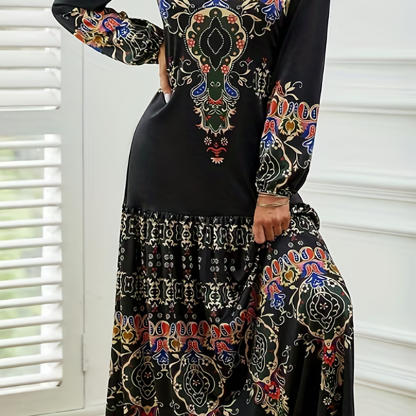 Plus Size Boho Dress, Women's Plus Southwestern Print Long Sleeve Round  Neck Slight Stretch Maxi Dress