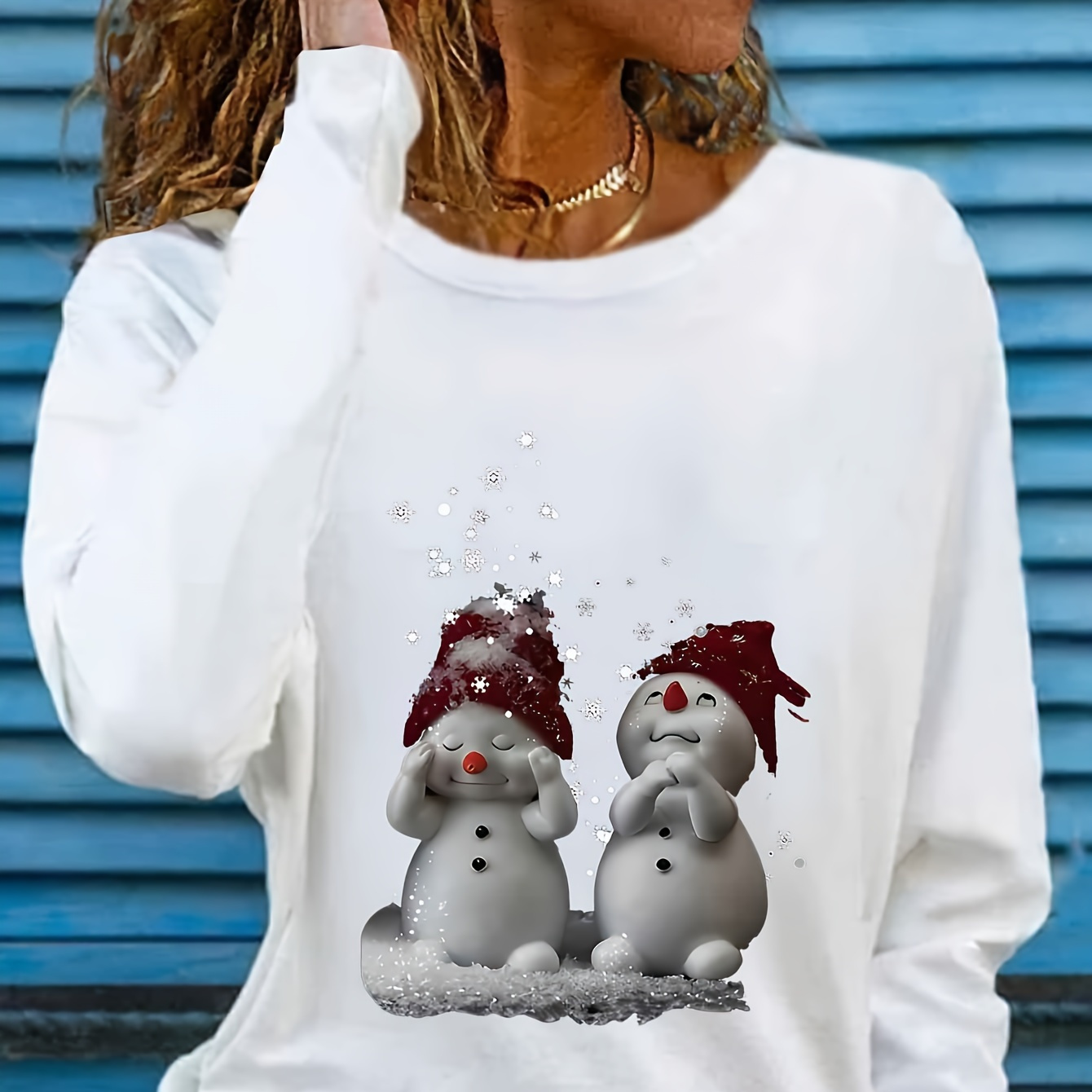 

1pc Women's Christmas Snowman Graphic T-shirt - Long Sleeve Top Slight , Polyester , For Fall &