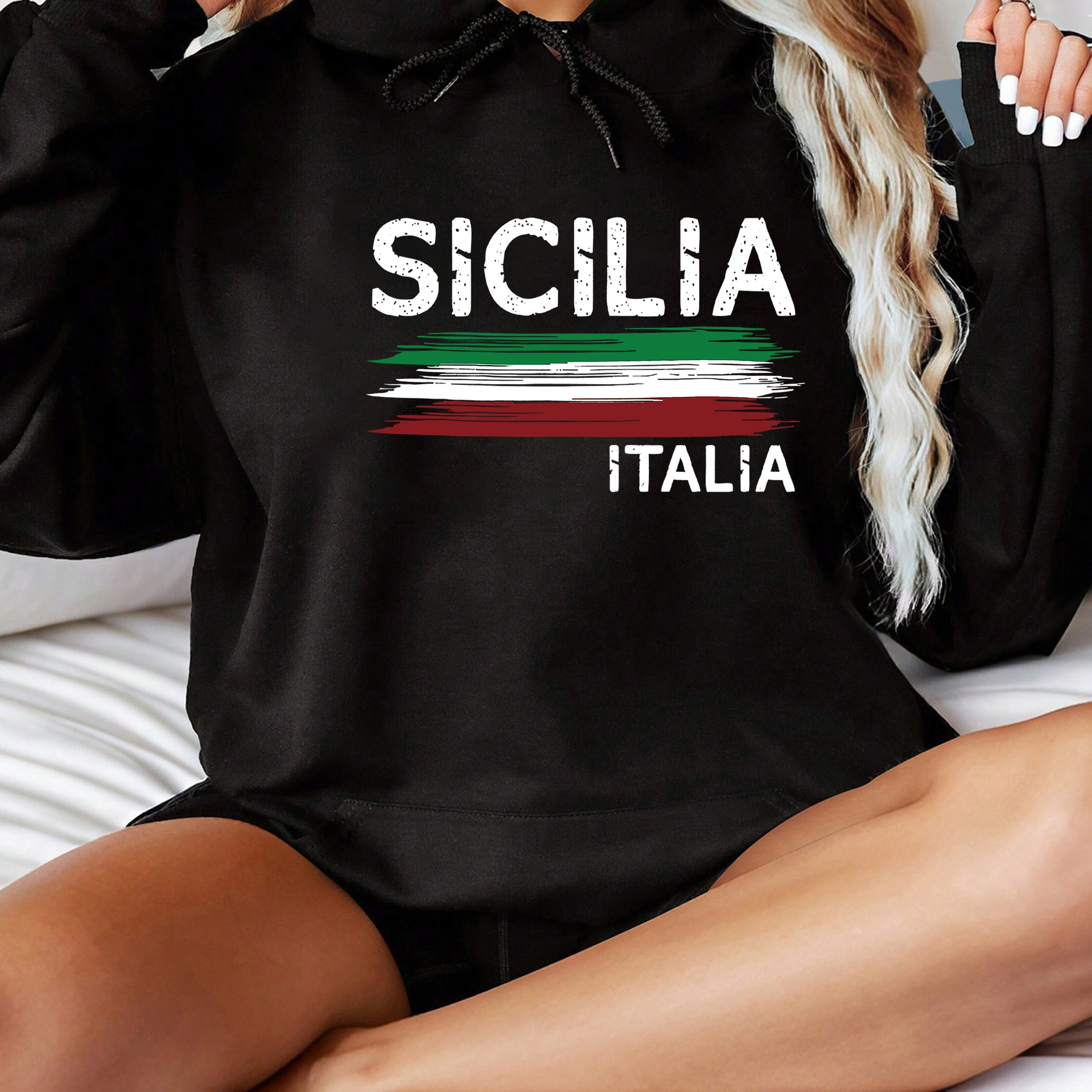 

Italia Print Kangaroo Pocket Hoodie, Casual Long Sleeve Drawstring Hoodies Sweatshirt, Women's Clothing