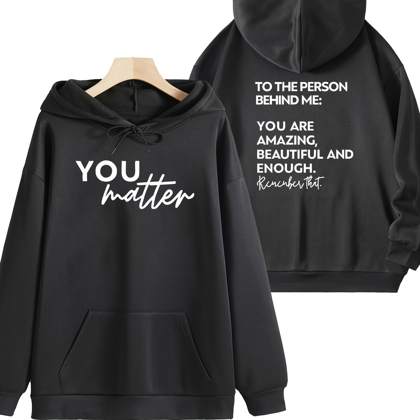 

Plus Size Basic Sweatshirt, Women's Plus Letter Print Long Sleeve Drawstring Fleece Hoodie With Kangaroo Pockets