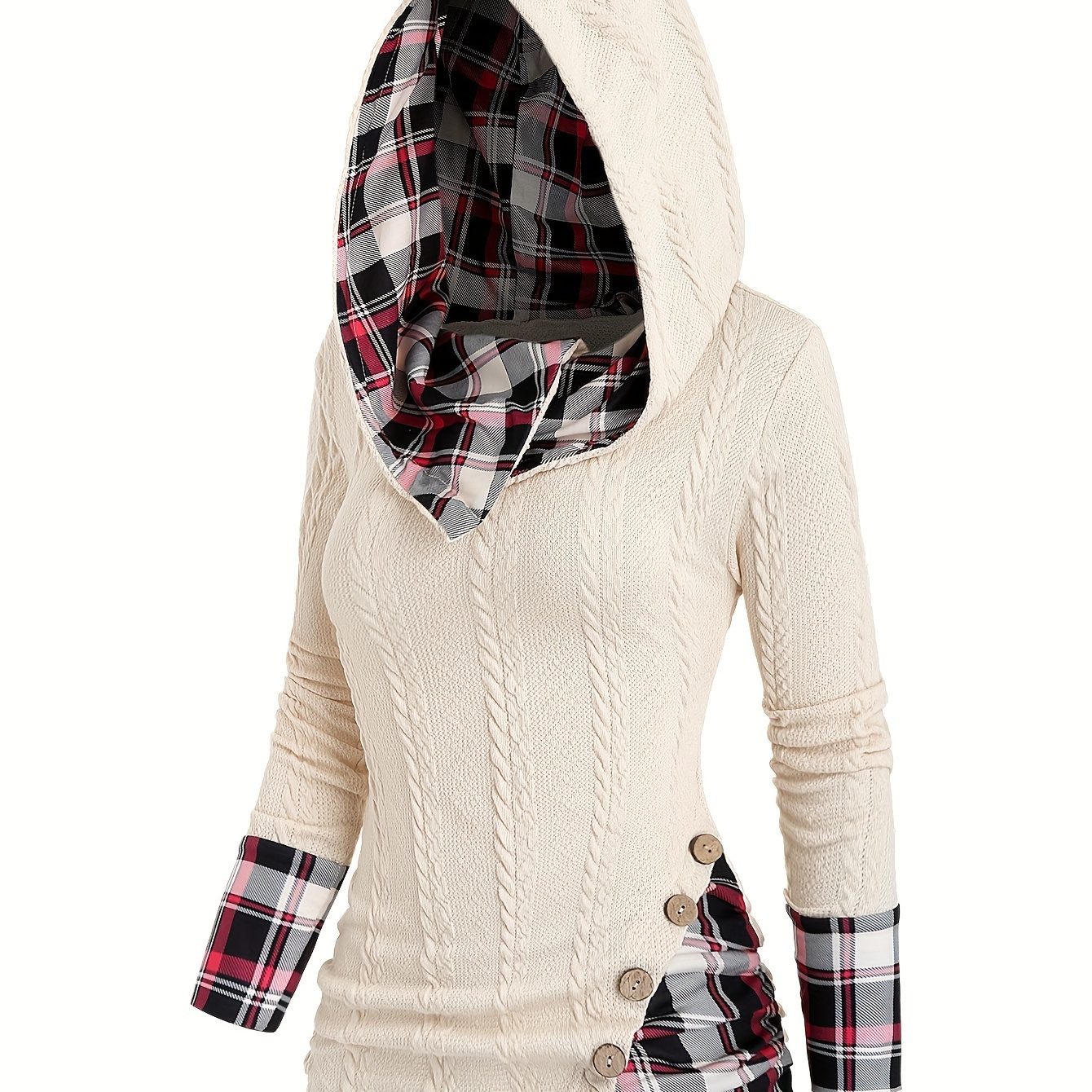

Plaid Splicing Button Decor Cable Hoodie, Casual Long Sleeve Hoodie, Women's Clothing