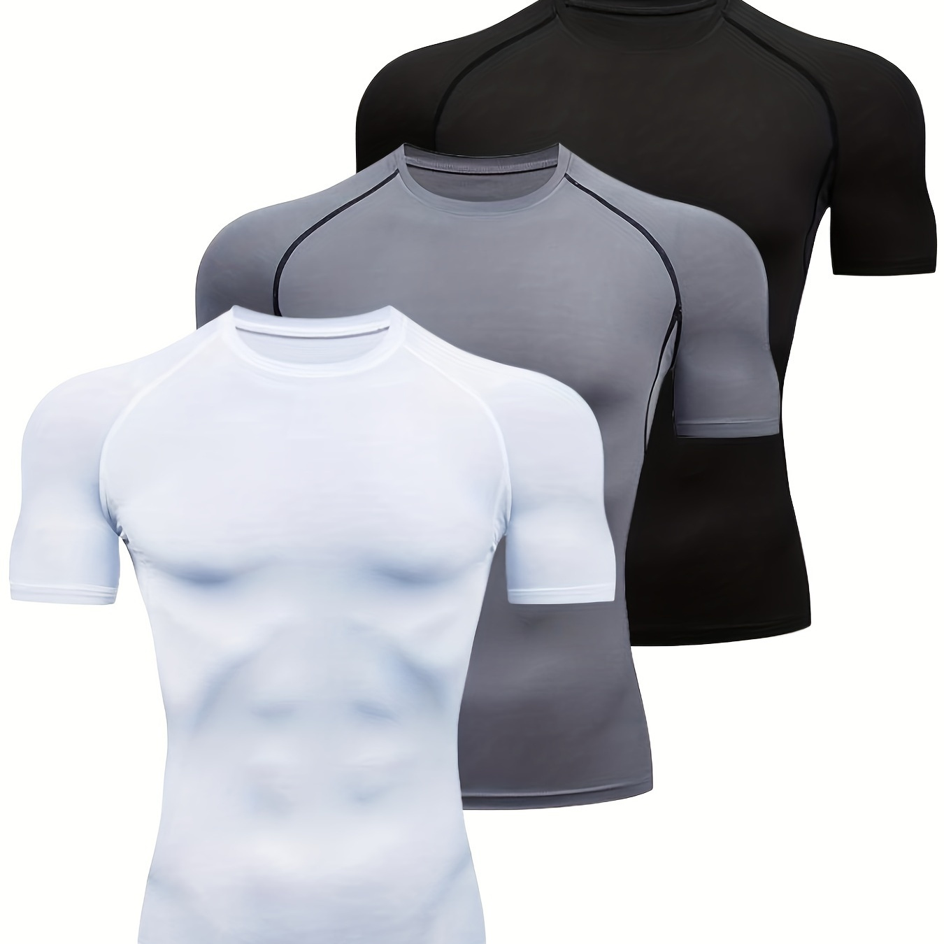 

3pcs Men's Quick Dry Stretch Short Sleeve Round Neck T-shirts Set, Summer Gym Fitness Training