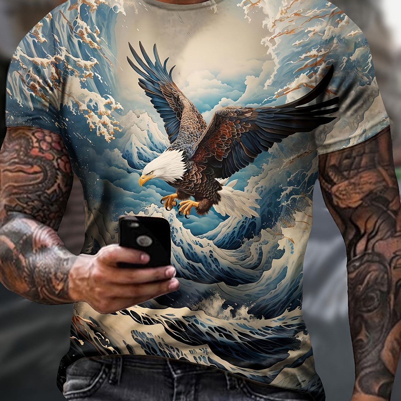

Men's Comic Style Sea Themed Flying Eagle Pattern Print Crew Neck And Short Sleeve T-shirt, Novel And Stylish Tee For Men, Tops Suitable For Summer Outdoors And Sports Wear