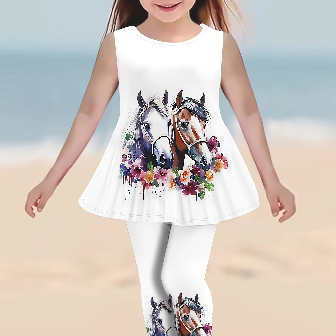 

2pcs, 3d Horse & Flower Print Outfits, Girl's Casual Sleeveless Dress Top + Pants Set For Summer Gift