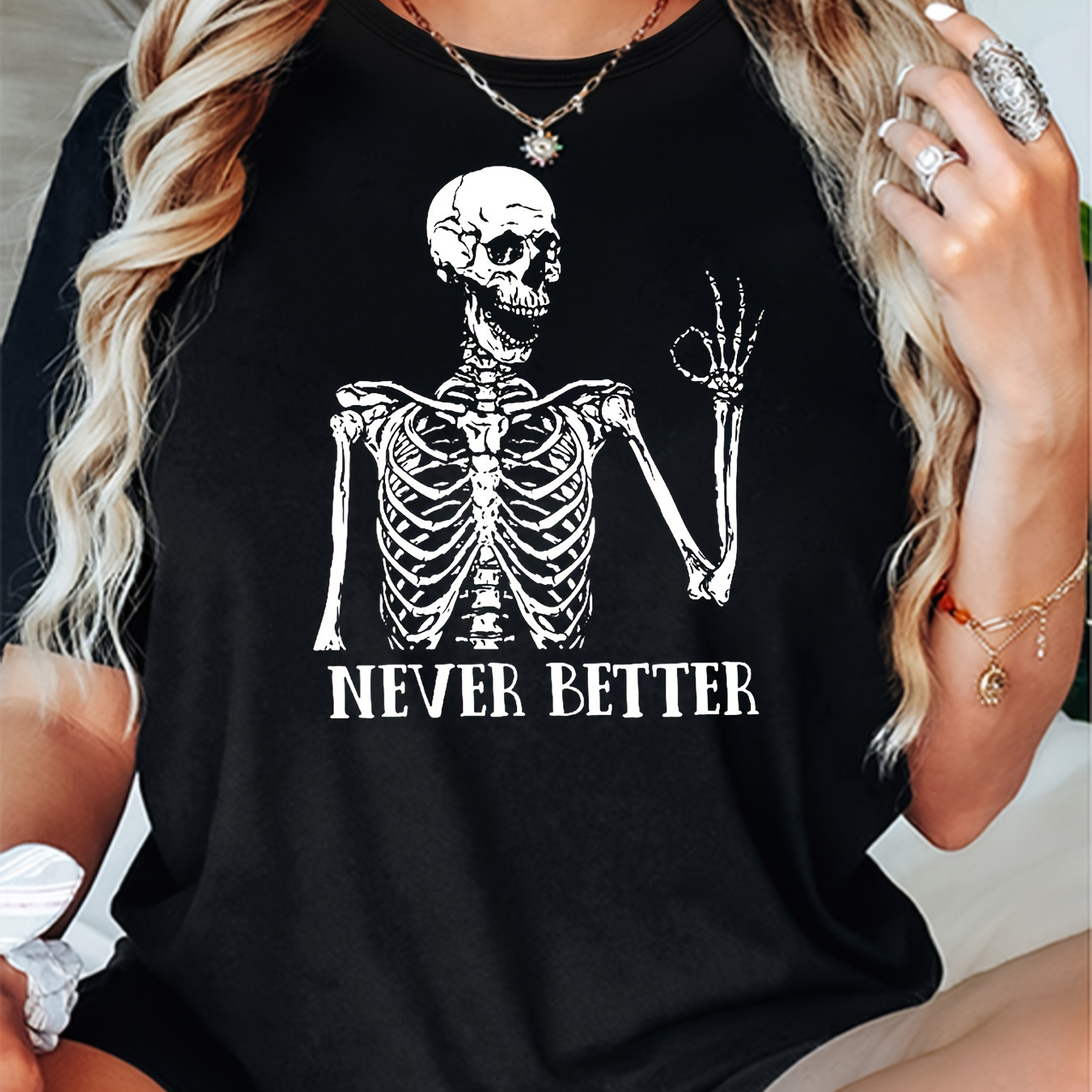 

Skeleton Ok Gesture Printed Crew Neck T-shirt, Spring & Summer Short Sleeve T-shirt, Sportswear Everyday Top, Women's Wear