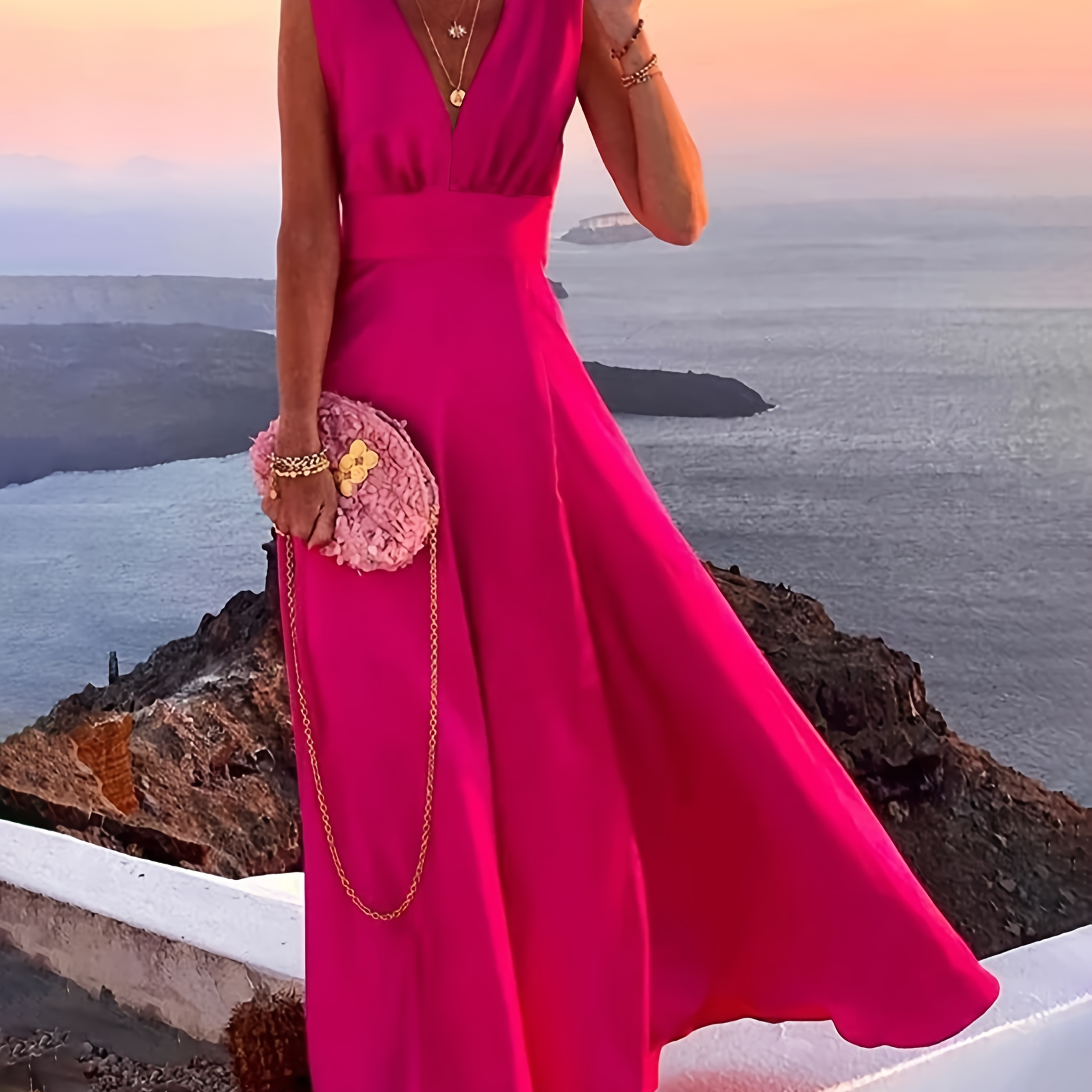 

1pc Women's Summer Sleeveless Deep V-neck Waist-cinched A-line Maxi Dress, Casual Solid Color Comfortable Outdoor Polyester (100%) Long Gown