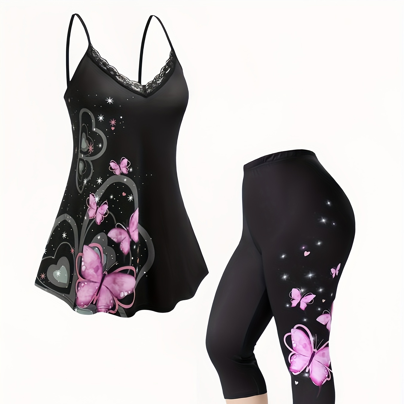 

Casual Butterfly Print Two-piece Set, Contrast Lace V Neck Cami Top & Skinny Capri Leggings Outfits, Women's Clothing