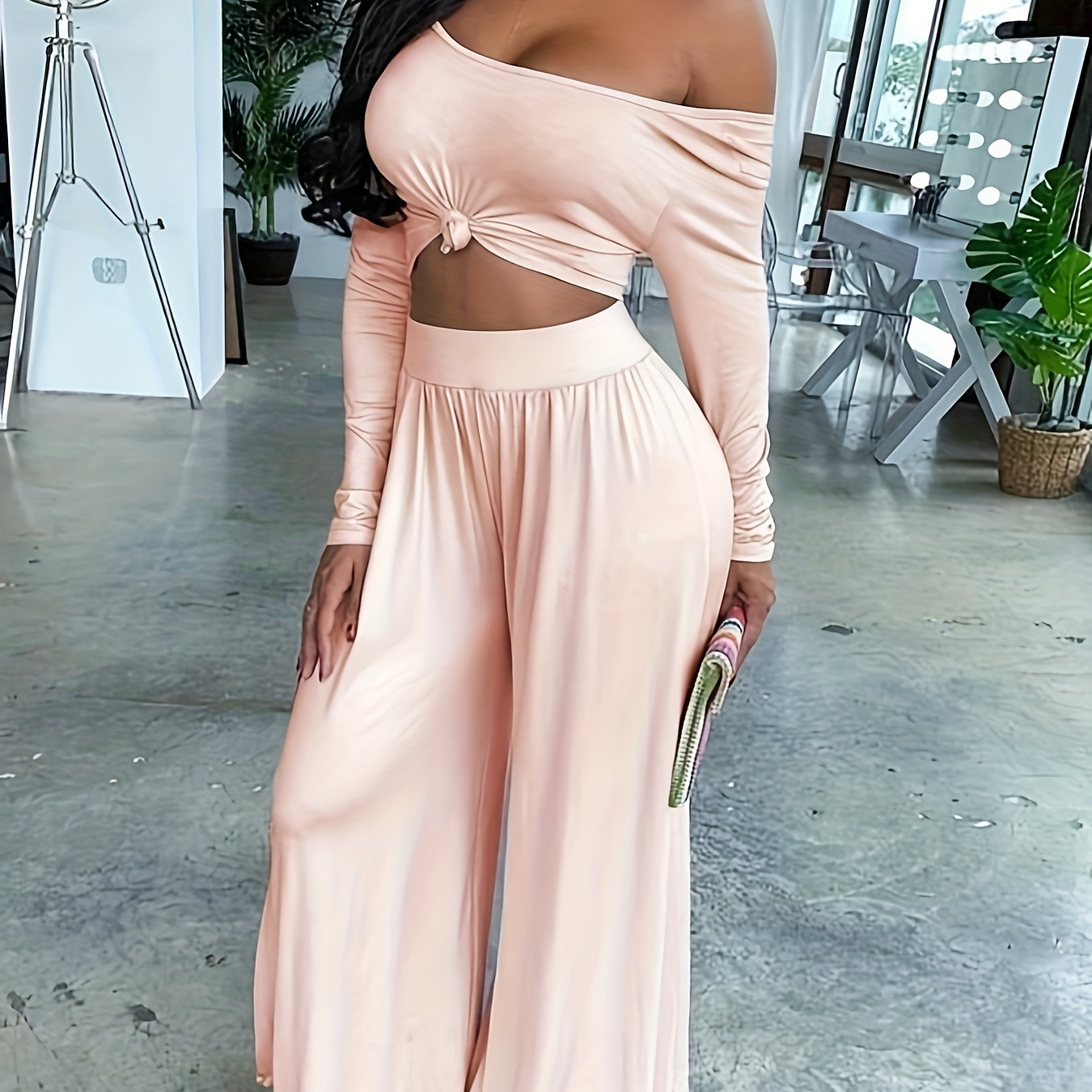 Casual Solid Two piece Set Long Sleeve Crop Top Wide Leg - Temu