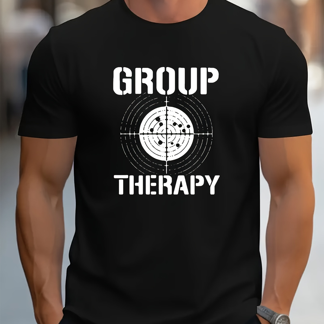 

Group Therapy Print Men's Short Sleeve T-shirts, Comfy Casual Elastic Crew Neck Tops For Men's Outdoor Activities