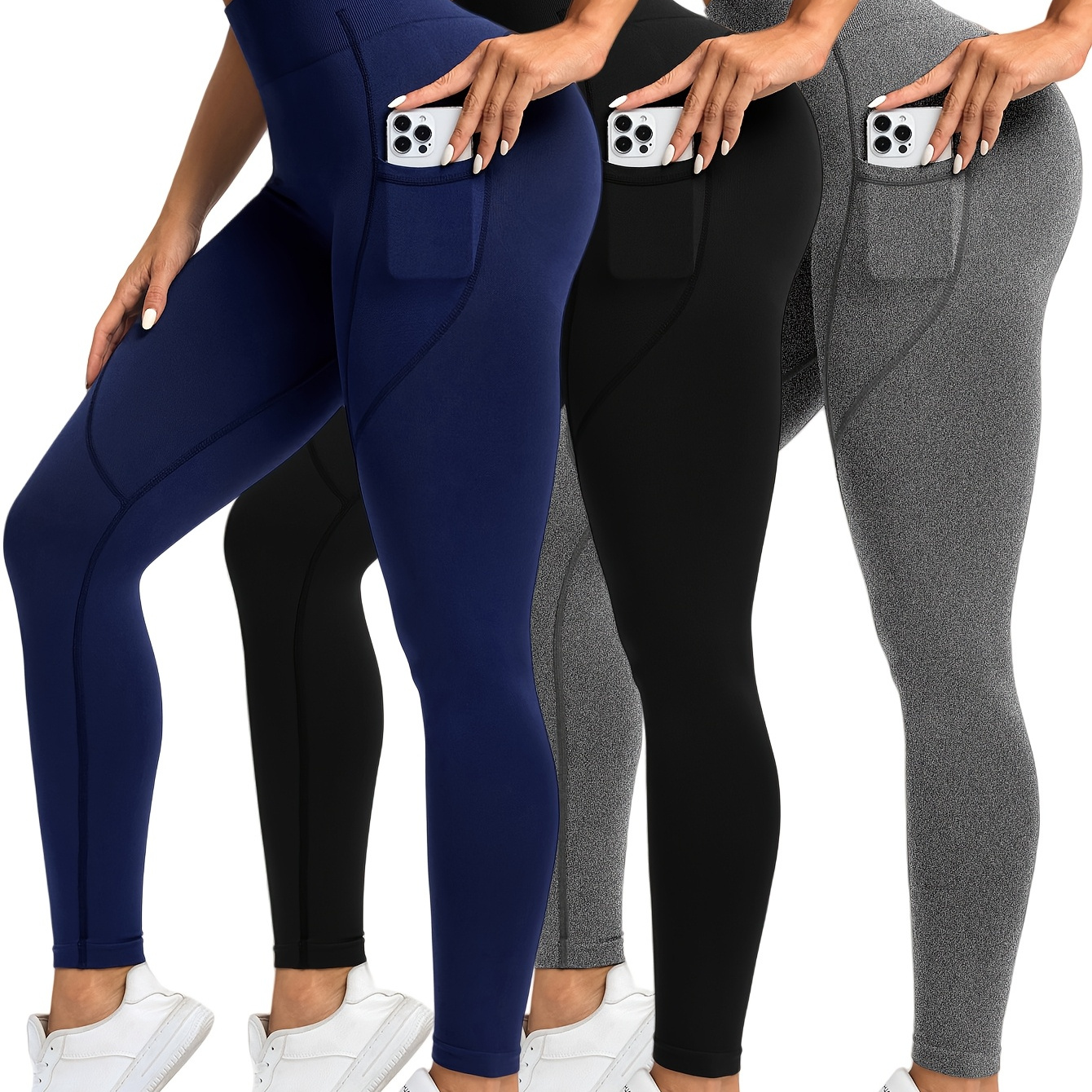 

3pcs High-waist Yoga Leggings With Pockets - Stretchy, Solid Color Running & Fitness Tights For Women