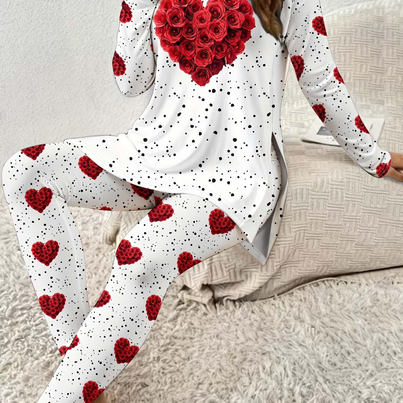 

Women's Casual Two-piece Set Featuring A Long-sleeve Top With Heart Prints For Valentine's Day, With Leggings, For A And Autumn.