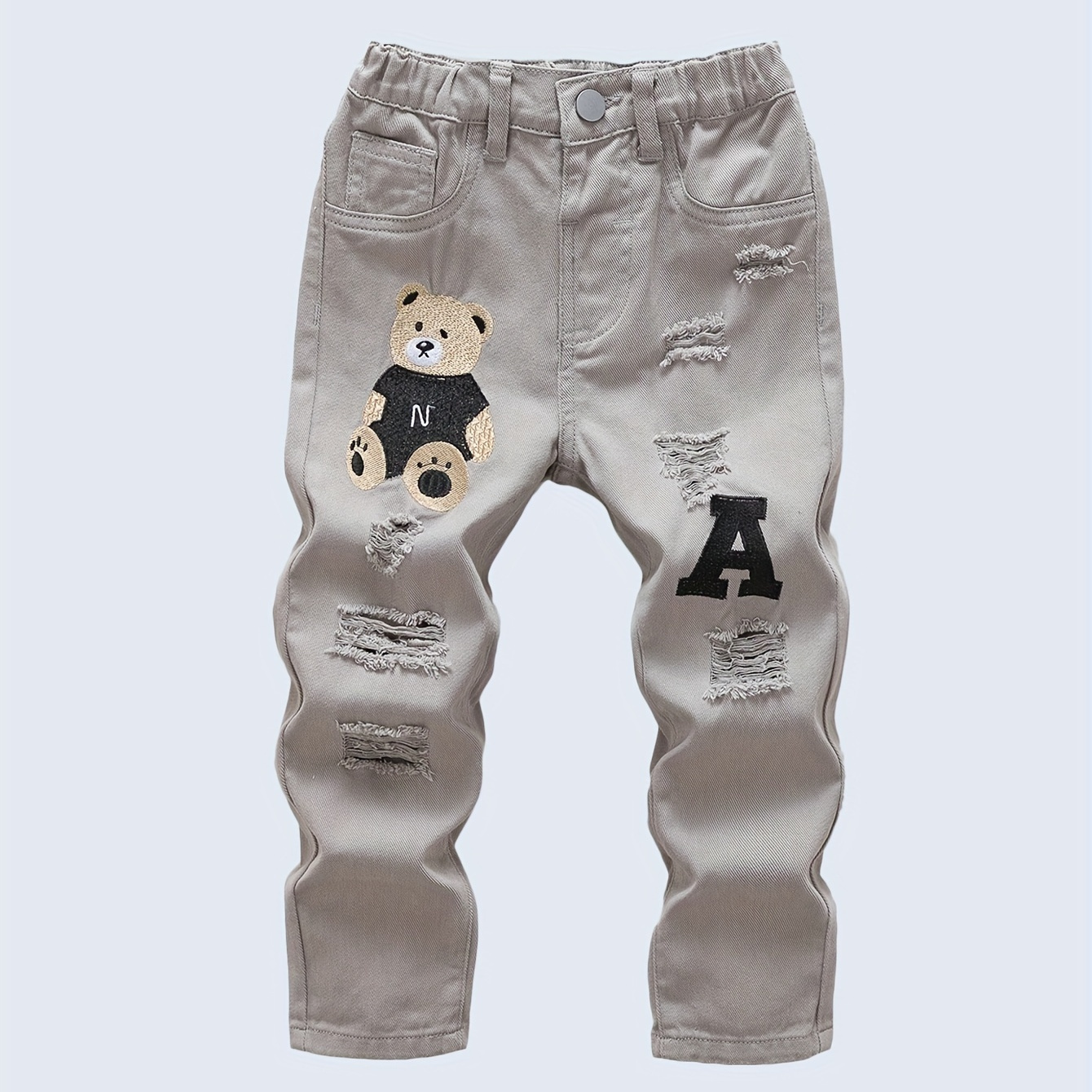 

Stylish Bear Embroidery Ripped Jeans For Boys, Zipper Fly Straight Denim Pants