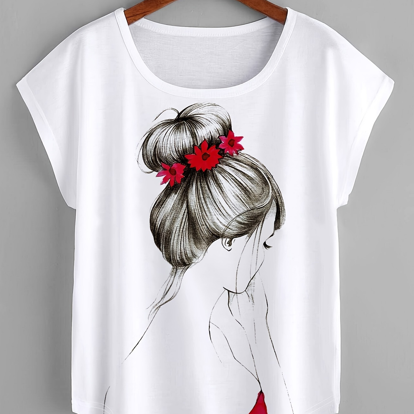 

Portrait Print Crew Neck T-shirt, Short Sleeve Casual Top For Spring & Summer, Women's Clothing