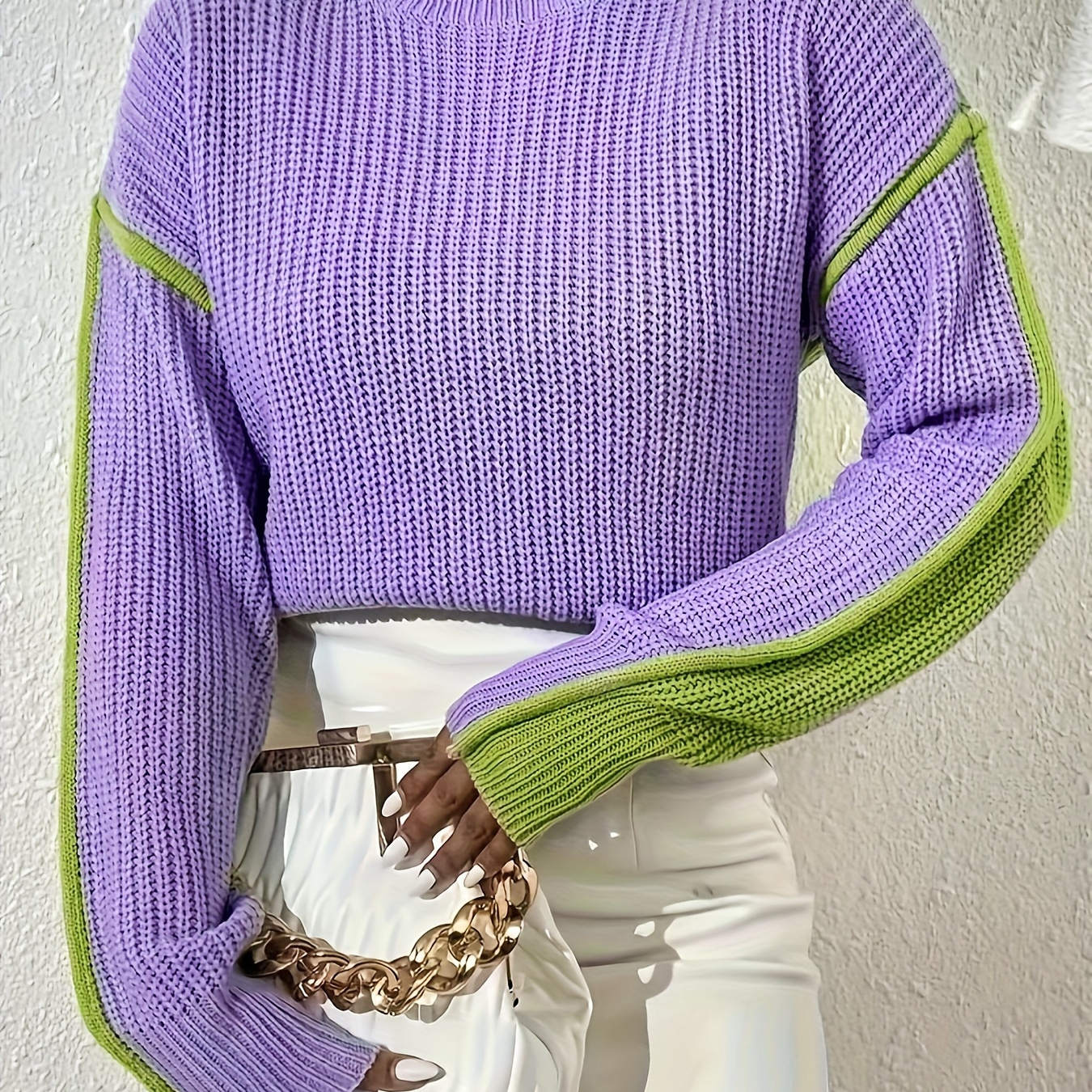 

Elegant Turtleneck Sweater For Women - Chic Lavender & Lime Green Knit Pullover, Acrylic Material, Hand Wash Or , Style, Sweater | Modern Sleeves | Microelasticity