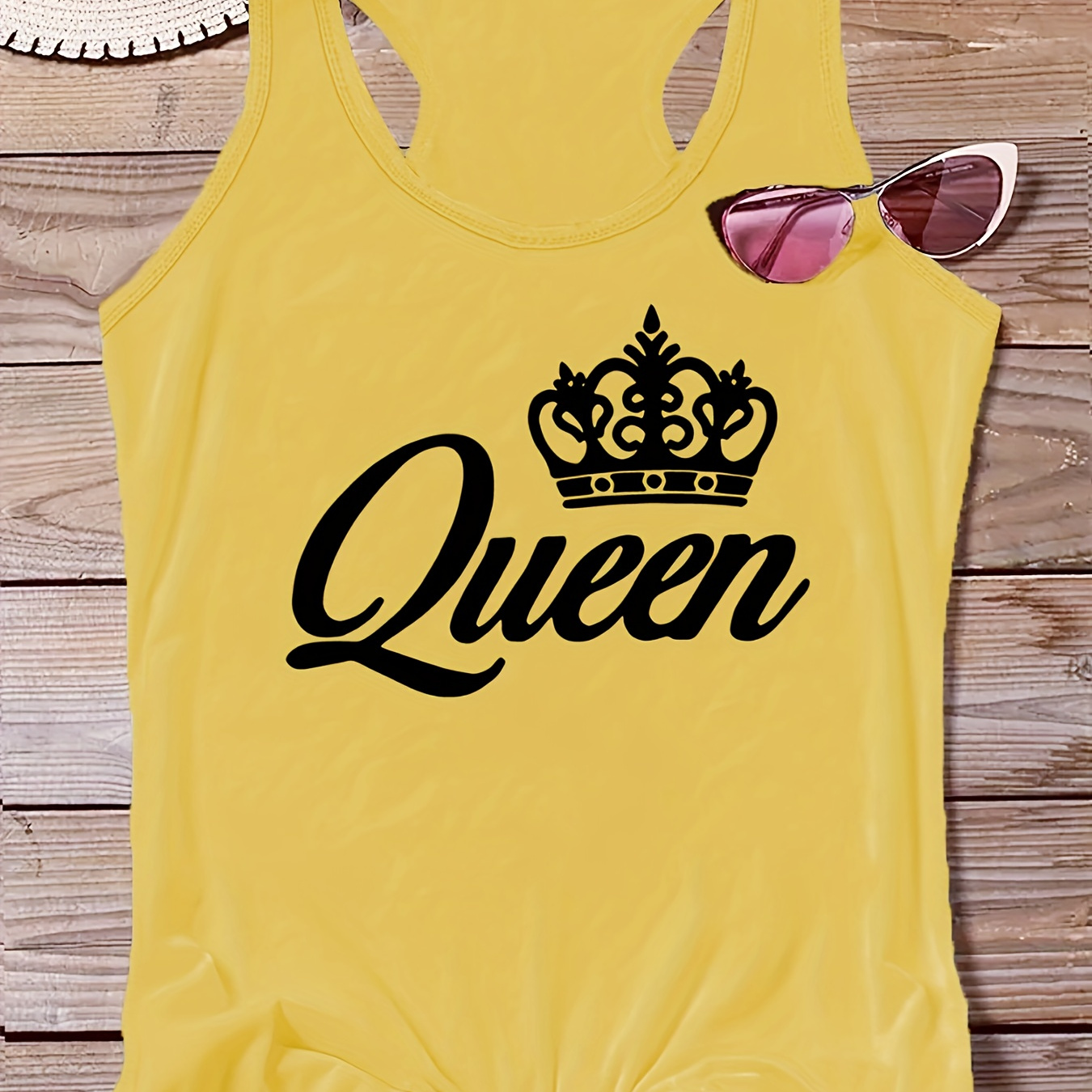 

Plus Size Crown & Letter Print Tank Top, Casual Crew Neck Sleeveless Top For Summer, Women's Plus Size Clothing