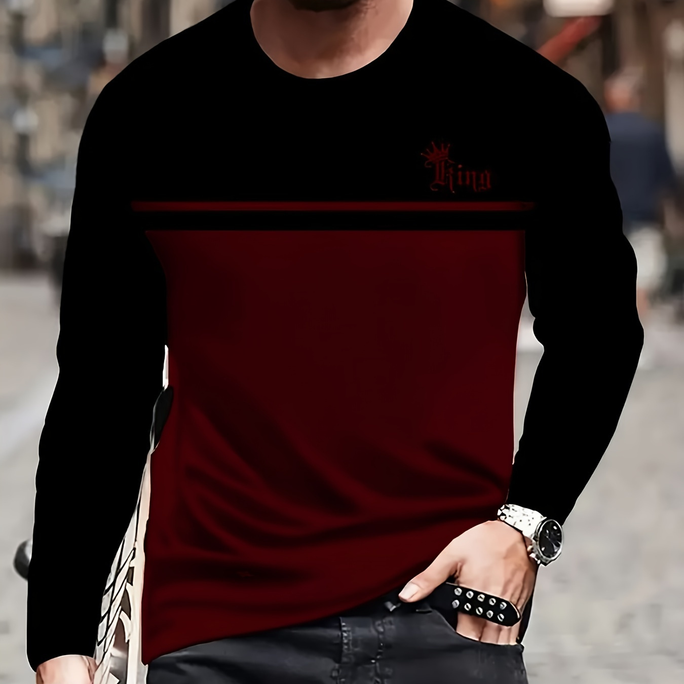 

Men's Colorblocking And "king" Print T-shirt, Crew Neck, Long Sleeve Casual Sweatshirt Comfortable Brushed Men's Tops For All Outdoor Fishing Running Layer For All !