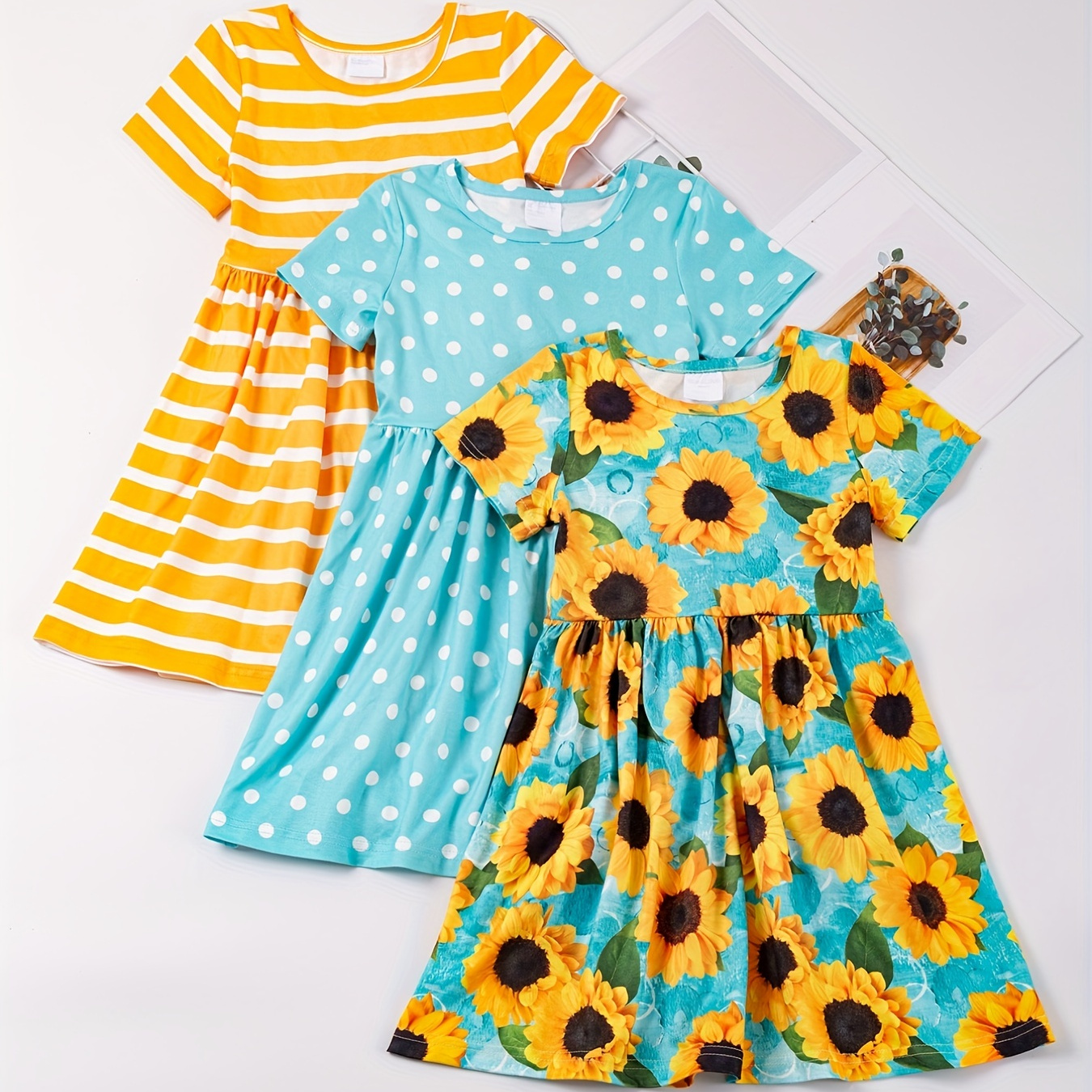 

3pcs/set Toddler Girls Short Sleeves Sunflower And Polka Dot Stripes Graphic Stretch Casual Princess Dress For Party Beach Vacation Kids Summer Clothes