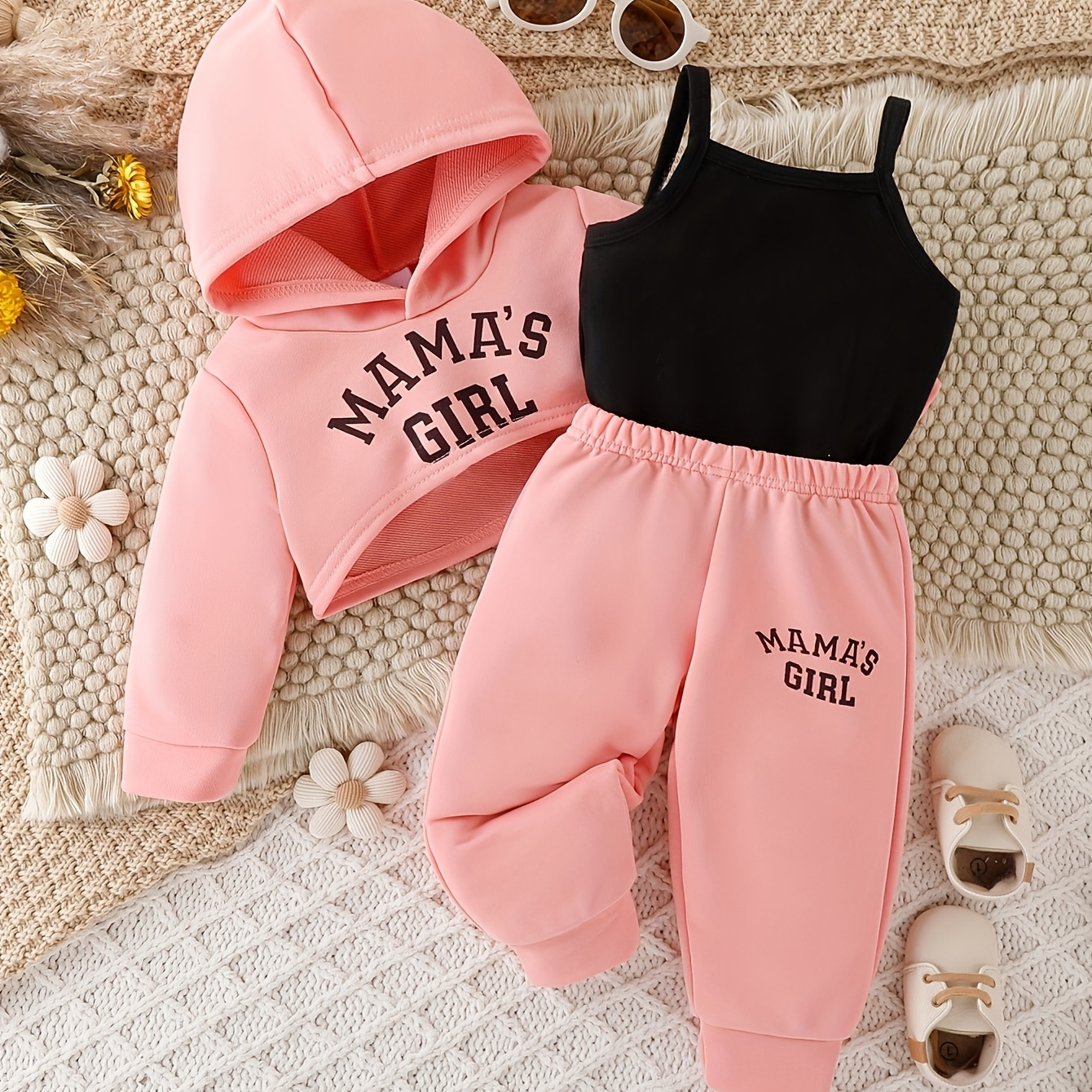 TEMU 3pcs Set For - "mama's Girl" Pink Hoodie, Cami Top & Jogger Pants With Drawstring Waist, Casual Knit Fabric Outfit For Fall/winter, Casual Wear Design stretchy, For Outdoor, Perfect For Outdoor