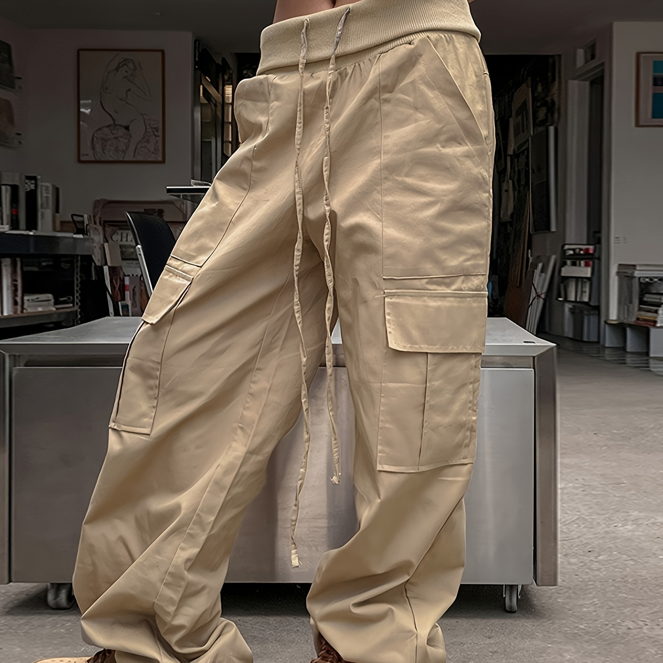 

Solid Color Drawstring Cargo Pants, Casual Flap Pocket Straight Leg Pants For Spring & Fall, Women's Clothing