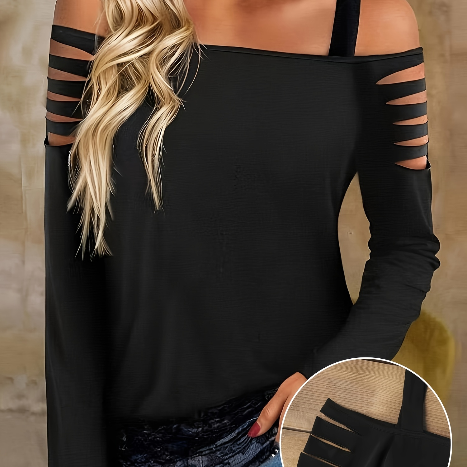 

1pc Plus Size Off Shoulder Ripped Long Sleeve T-shirt, Casual Knit Polyester With Lace Detail, Slim Fit Solid Color Pullovers For Spring/fall