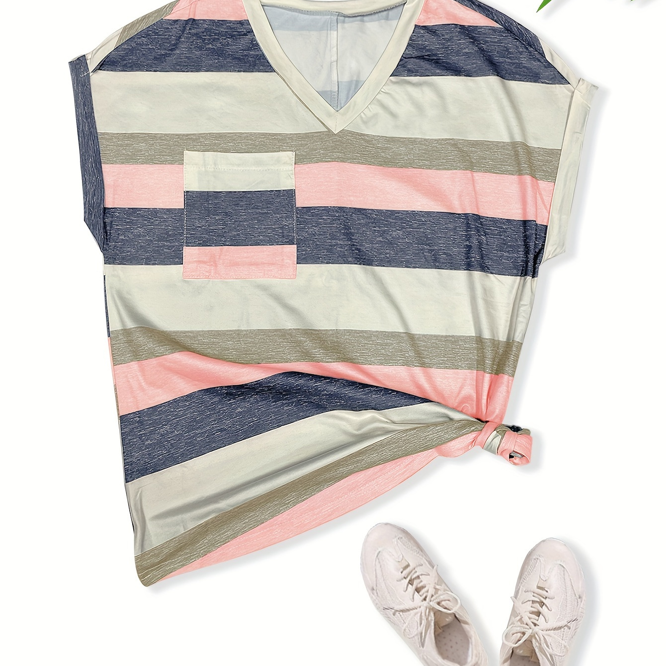 

Plus Size Stripe Print T-shirt, Casual Short Sleeve Top For Spring & Summer, Women's Plus Size Clothing