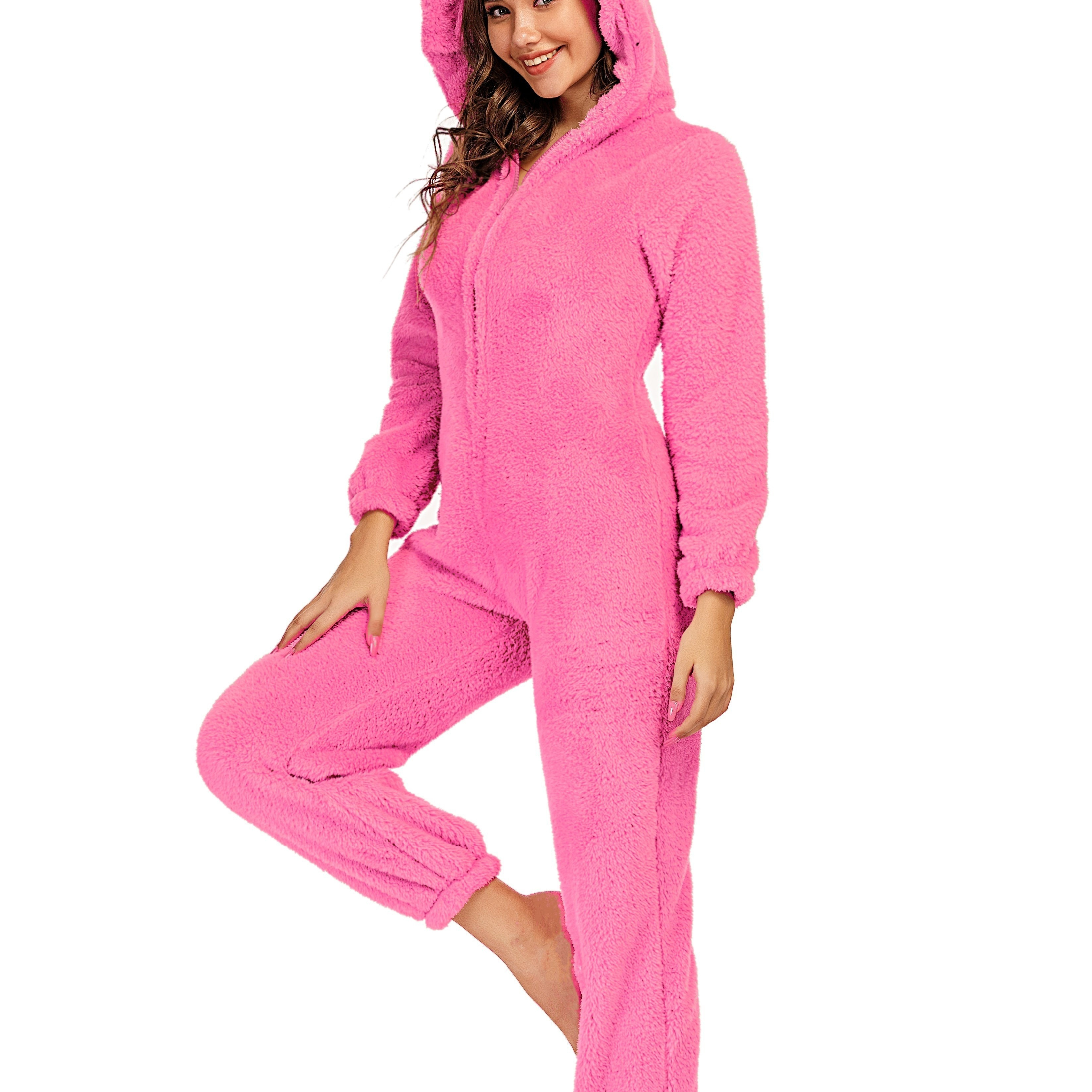 Jamron Women’s Fluffy Hooded Jumpsuit – Zip-Up Warm Onesie Winter Loungewear
