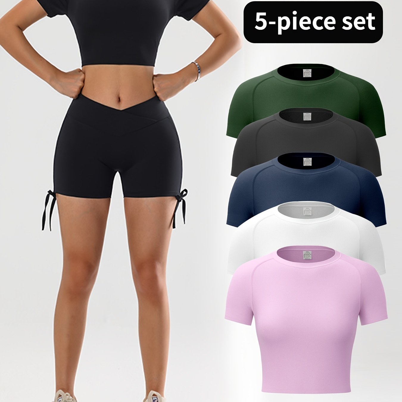 

5pcs Solid Color Quick Drying Sports Top, Crew Neck Running Top, Women's Activewear