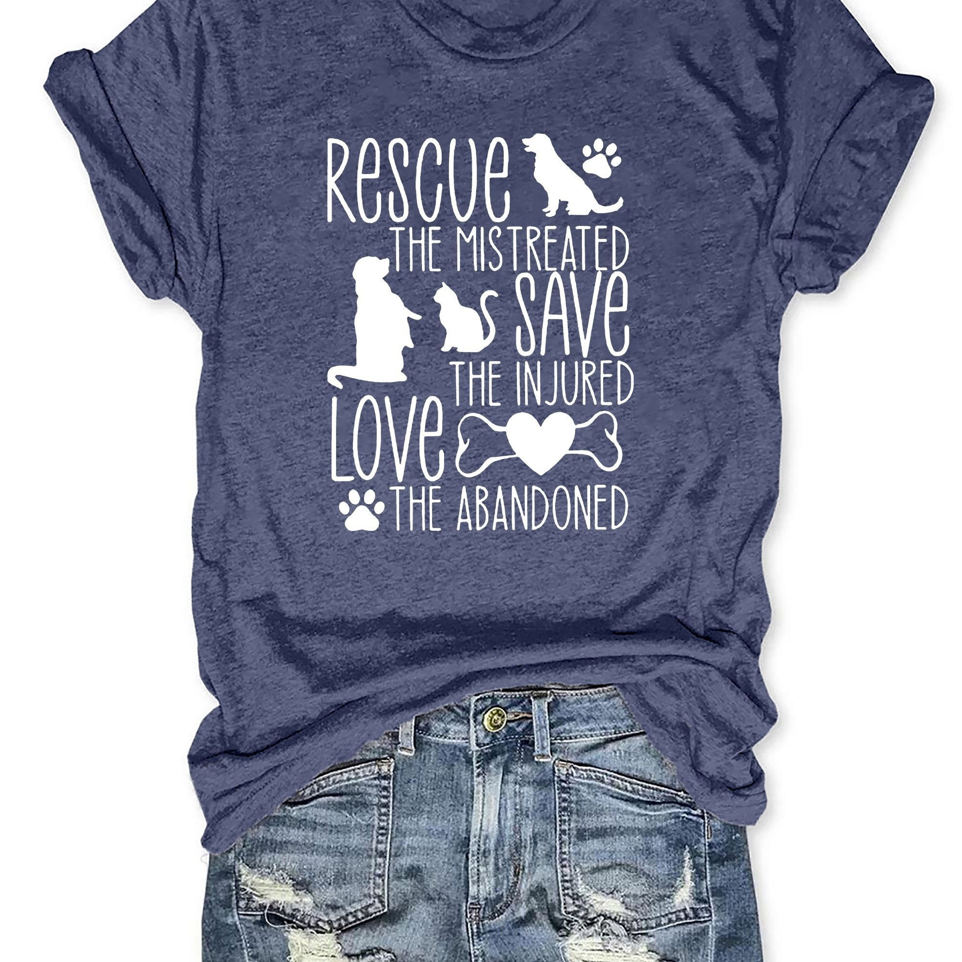 

Dog & Cat Print T-shirt, Short Sleeve Crew Neck Casual Top For Summer & Spring, Women's Clothing